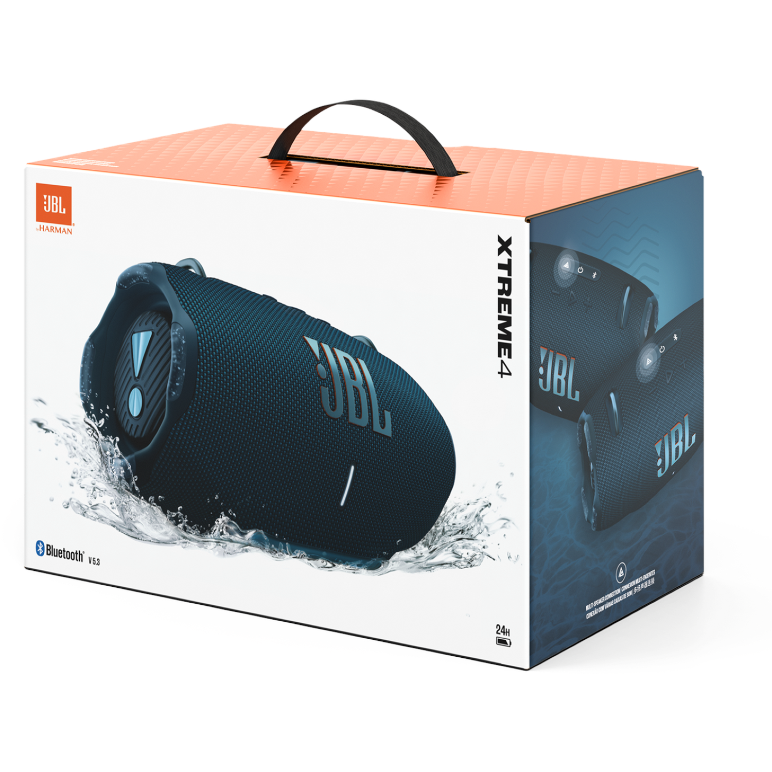 JBL Xtreme 4 speaker in a box. The box has an orange top and a picture of the speaker with water splashes.
