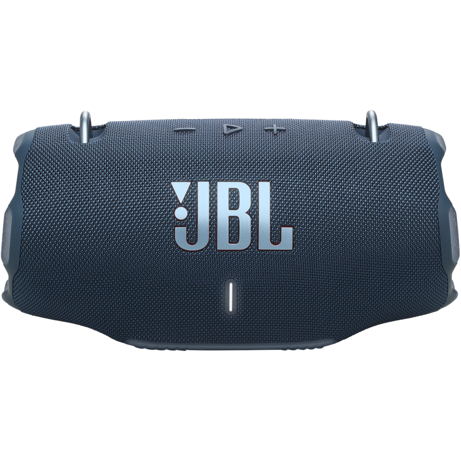 A blue JBL speaker with the brand name on the front. It has a textured surface and metal loops on the sides.