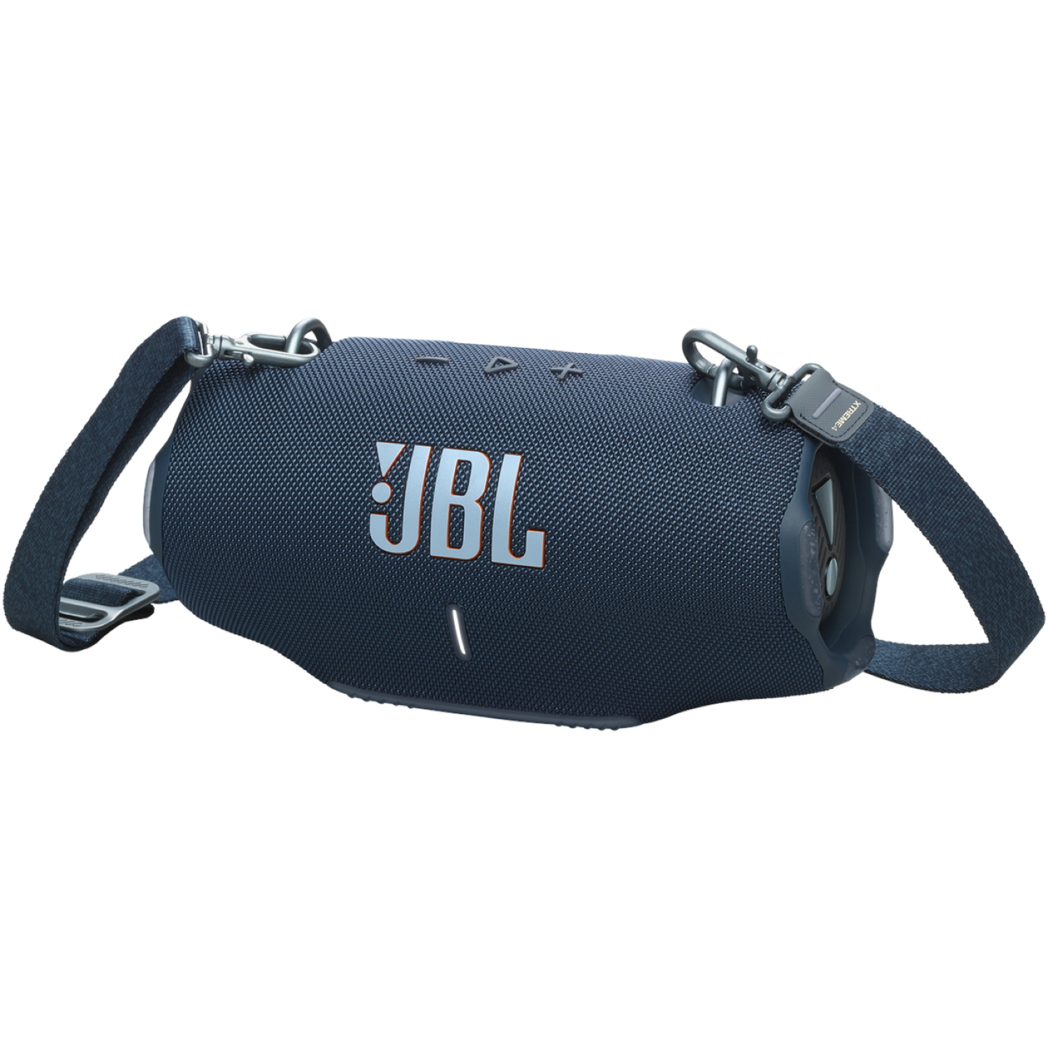 A dark blue JBL speaker with a shoulder strap. The JBL logo is visible. The speaker is on a white background. 