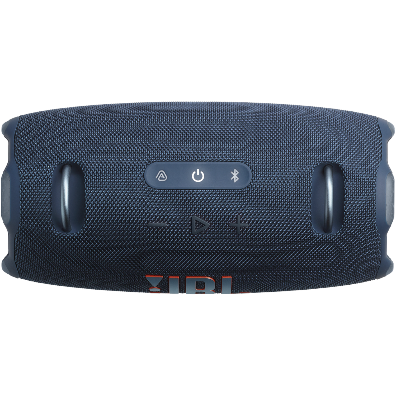 A dark blue JBL speaker. It has silver handles and control buttons with symbols. The JBL logo is red.