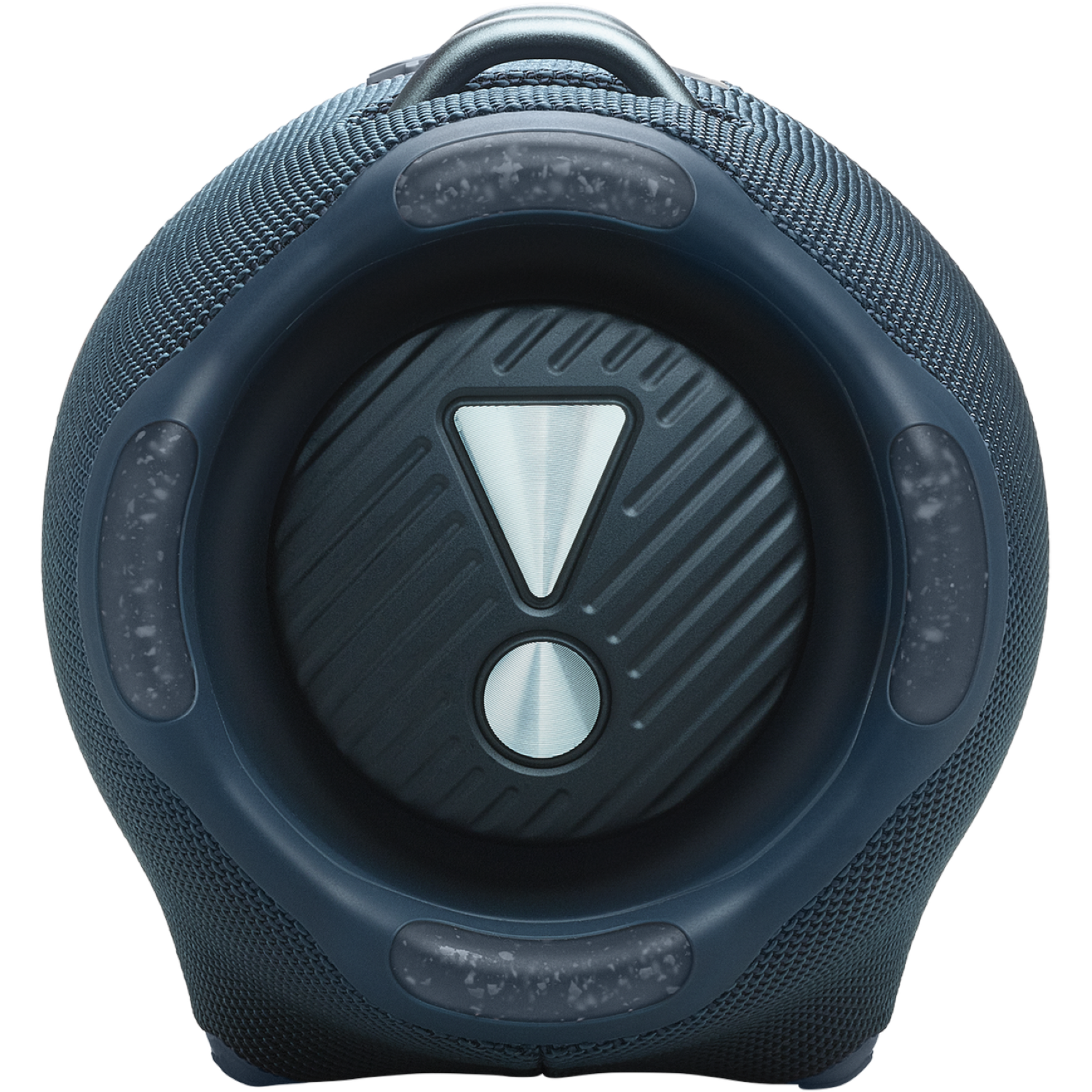 A navy blue JBL speaker. It has a handle on top and a centered speaker grill with a silver exclamation point.