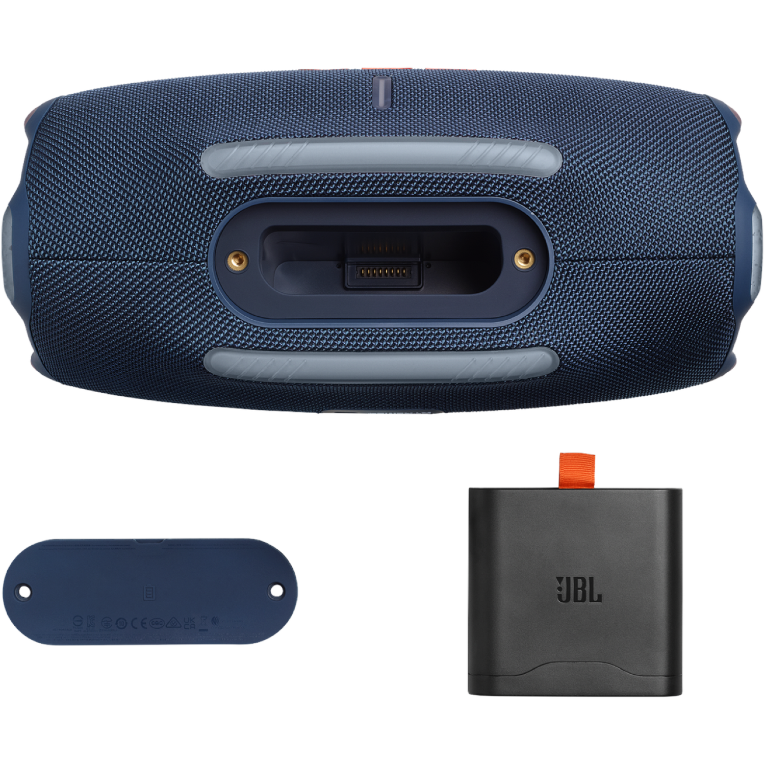 A JBL speaker, a charging port cover, and a charging block. Speaker is blue with gray accents. Block is black with orange strap.