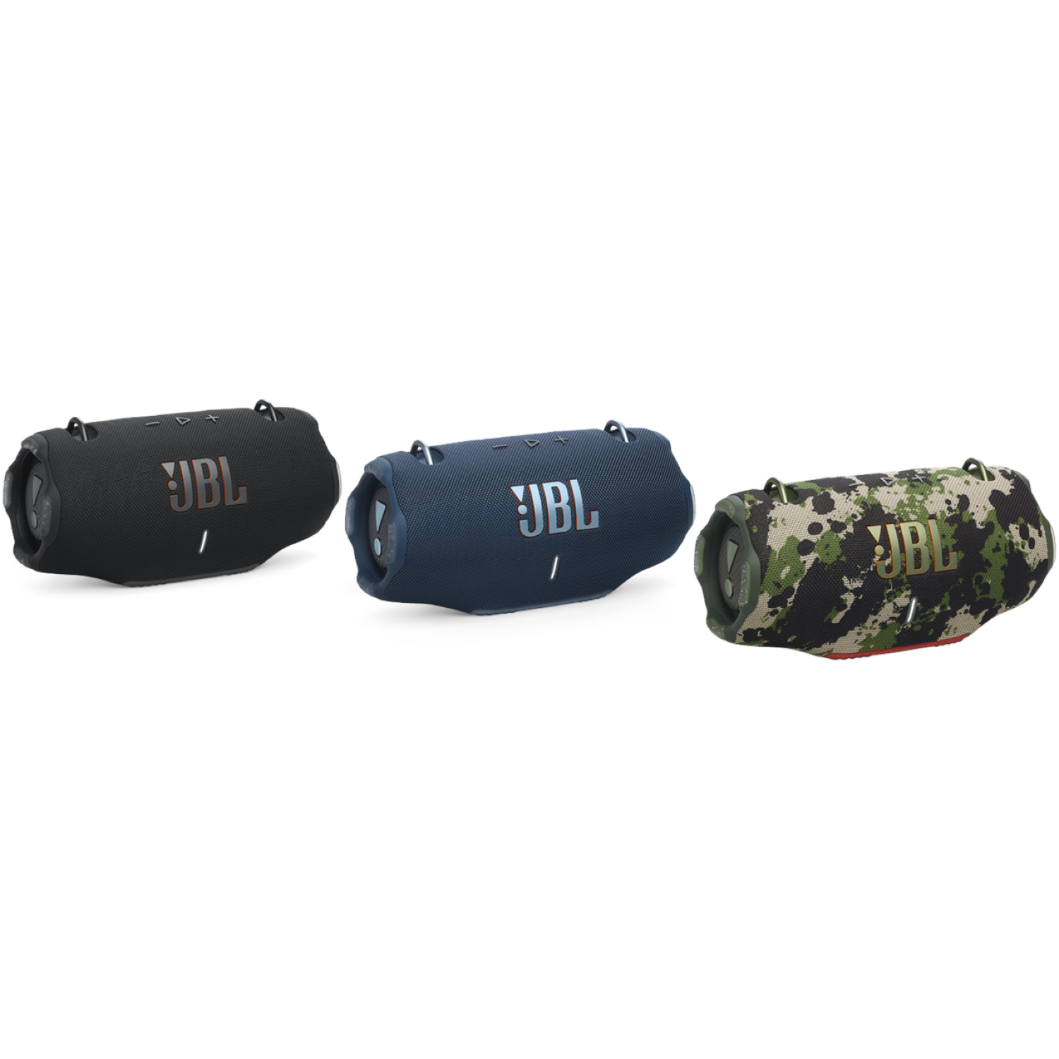 Three JBL speakers in black, blue, and camouflage. Each has the JBL logo and a handle. They are on a white background.