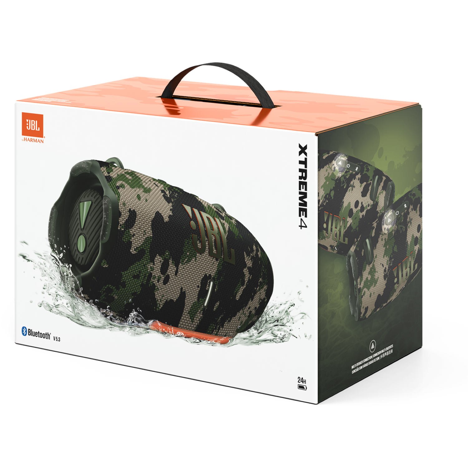 JBL Xtreme 4 luidspreker in camo-design, op een doos met handvat. De doos is oranje en wit met productdetails en logo.