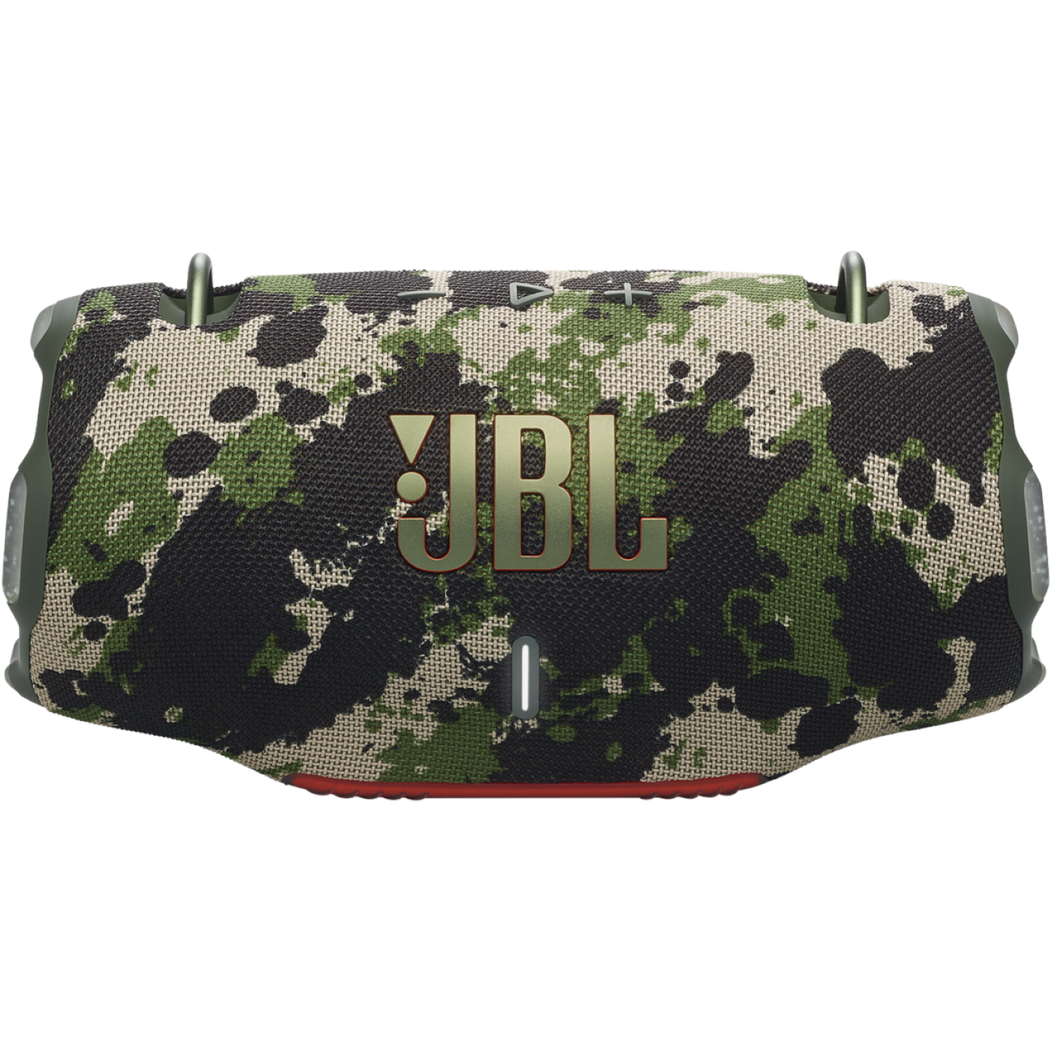 Een JBL-luidspreker met camouflagepatroon in groen, zwart en beige. Het JBL-logo is prominent aanwezig. Er is een rode streep aan de onderkant.