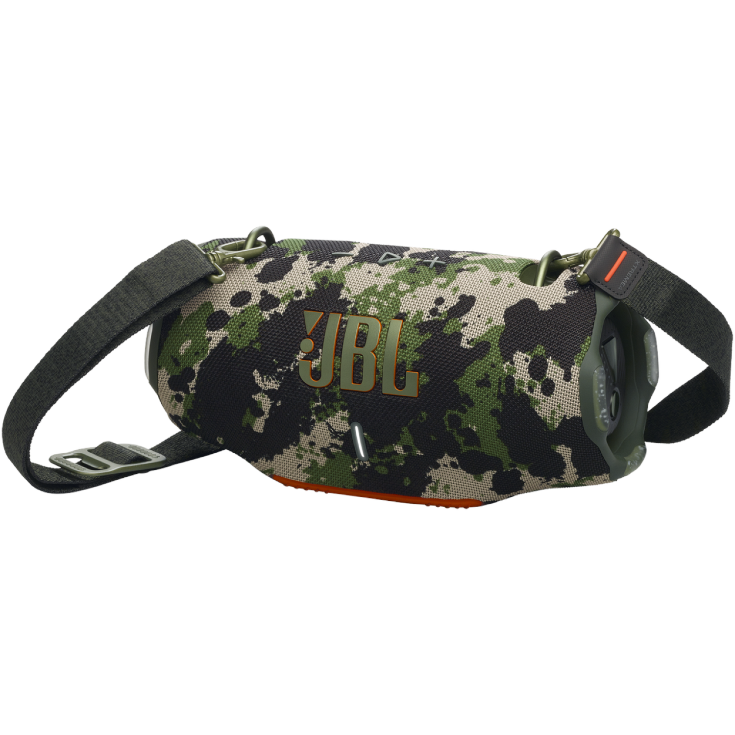 Een JBL Xtreme 3-luidspreker met camouflagepatroon, draagriem en het JBL-logo aan de voorkant.