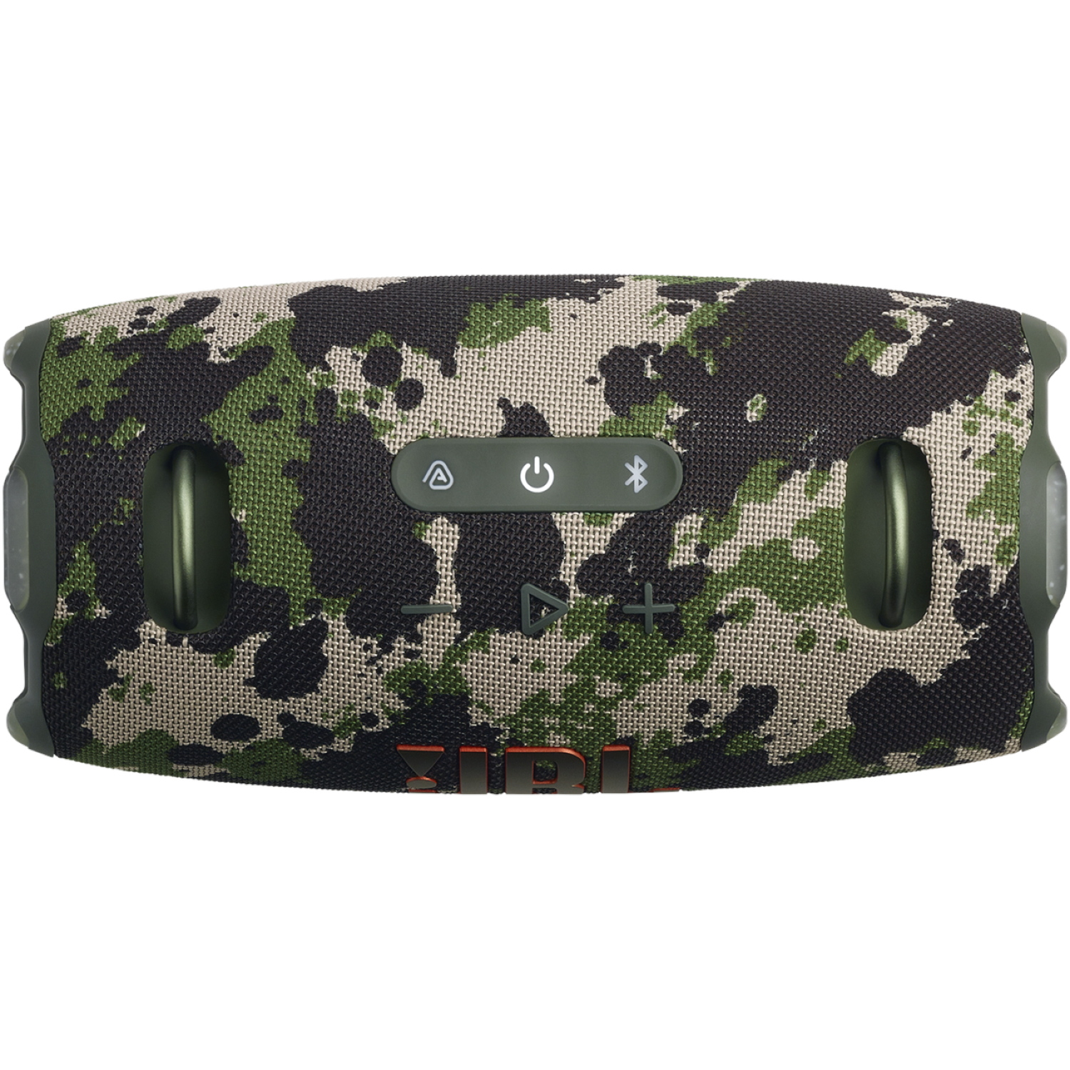 Een JBL-luidspreker met camouflagepatroon. Het heeft knoppen aan de bovenkant en een oranje JBL-logo. De achtergrond is wit.