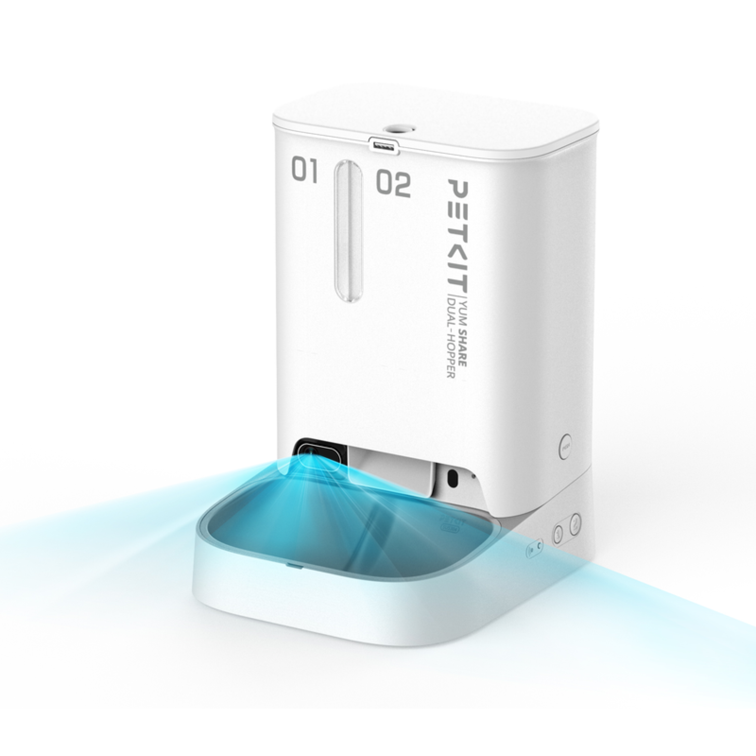Een witte PETKIT automatische voederautomaat. Het heeft een voedselbak met blauw licht, de nummers 01 en 02 en de productnaam.