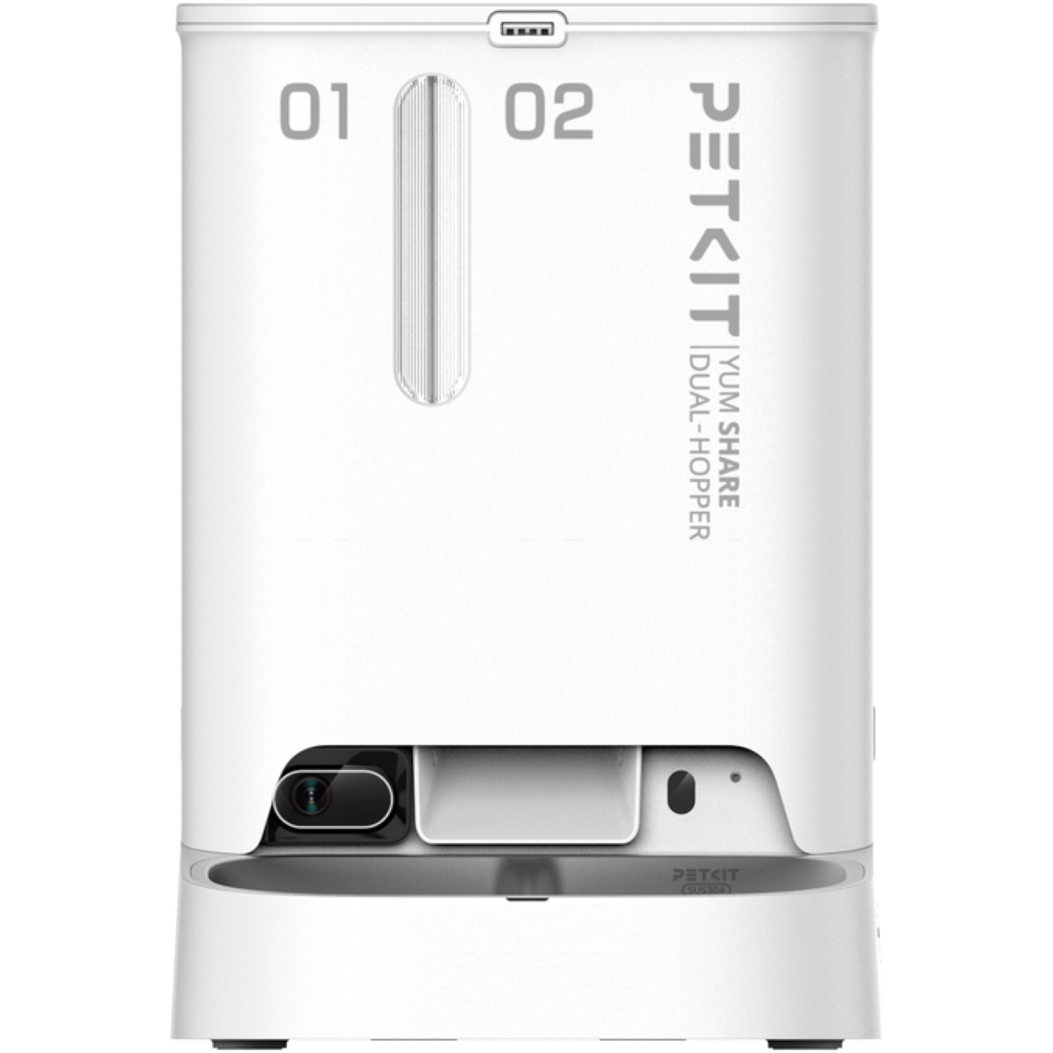 Witte PETKIT dubbele hopper voederautomaat. Heeft de nummers 01 en 02, een camera en het merklogo. Het is een voederdispenser.