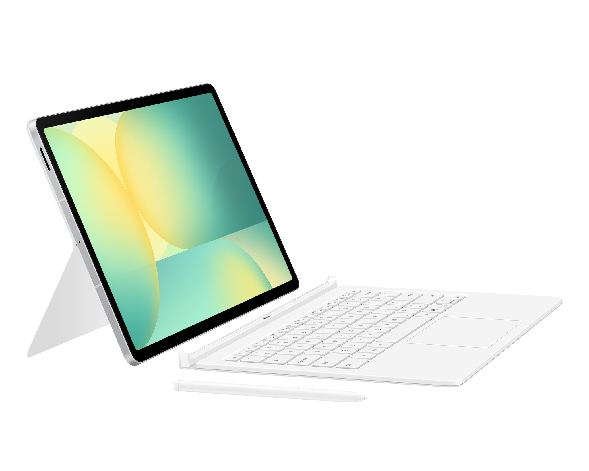 Fehér táblagép billentyűzettel és tollal. A képernyő zöld és sárga absztrakt formákat mutat. Mindez fehér háttéren.