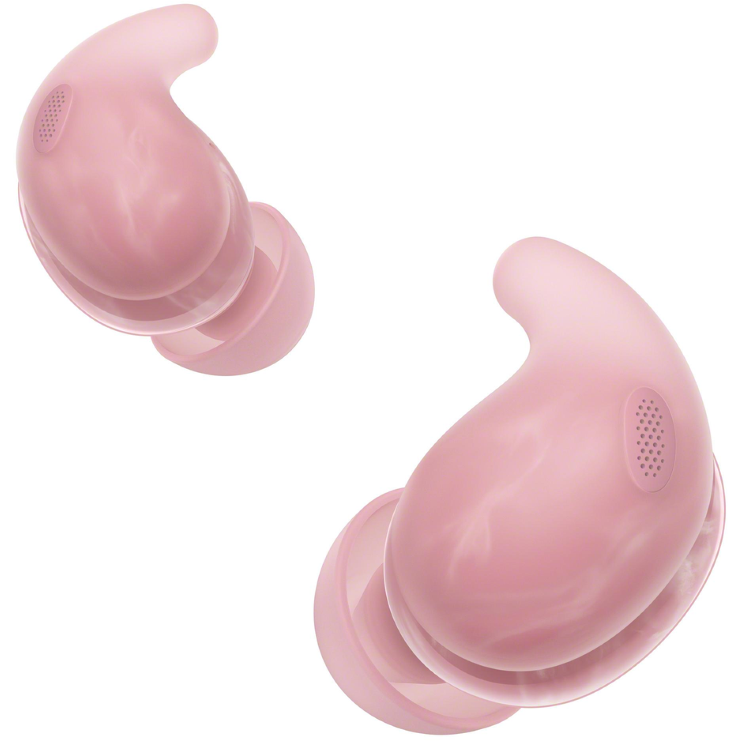 Two pink wireless earbuds on a white background. Each has a rounded shape with an ear canal insert and a speaker port.