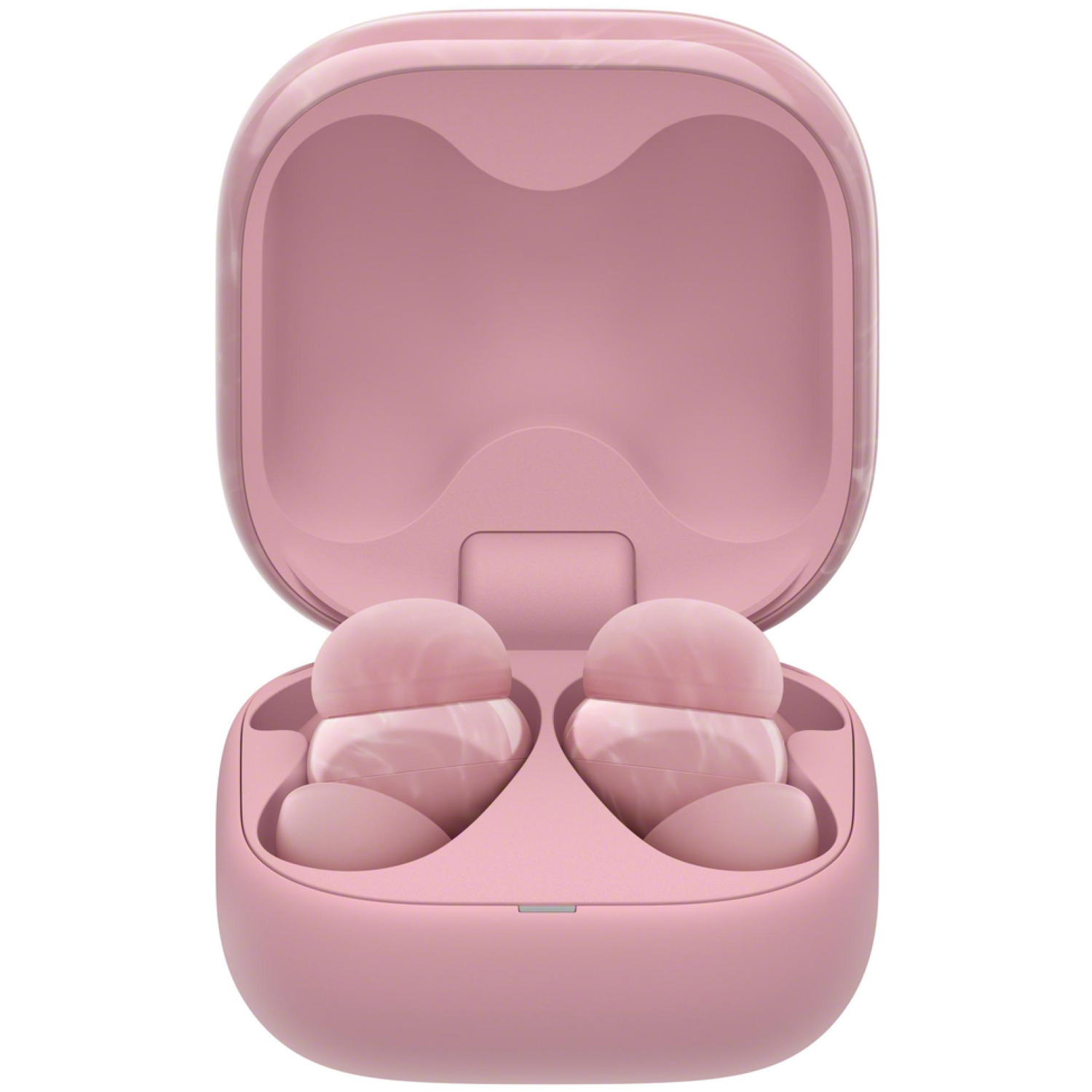 Pink earbuds in an open pink case. The case is open, showing the earbuds and a compartment. The background is white.