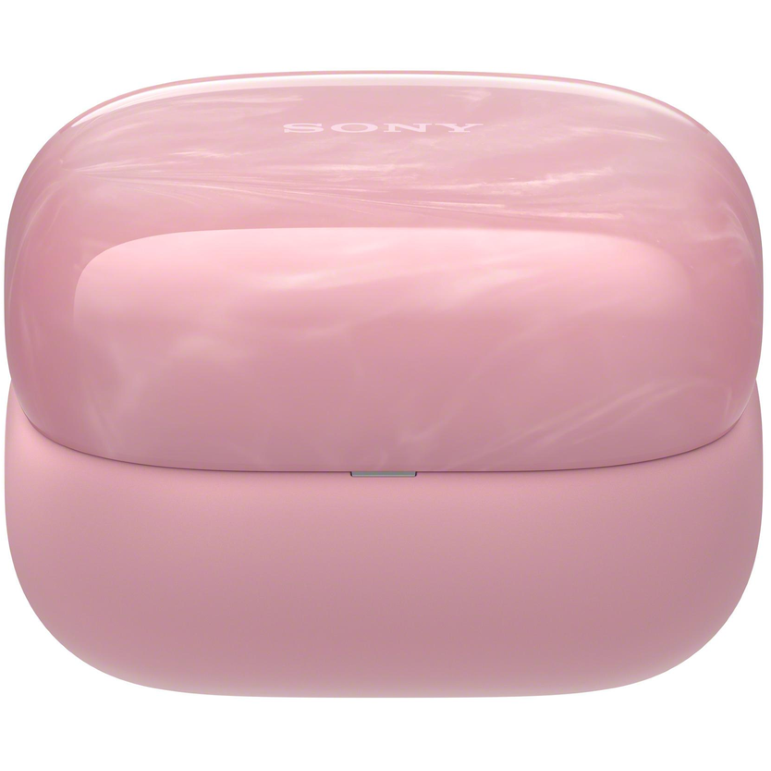 A pink, rounded earbud case with the brand name 'SONY' on the top. The case is closed, with a smooth, glossy finish.