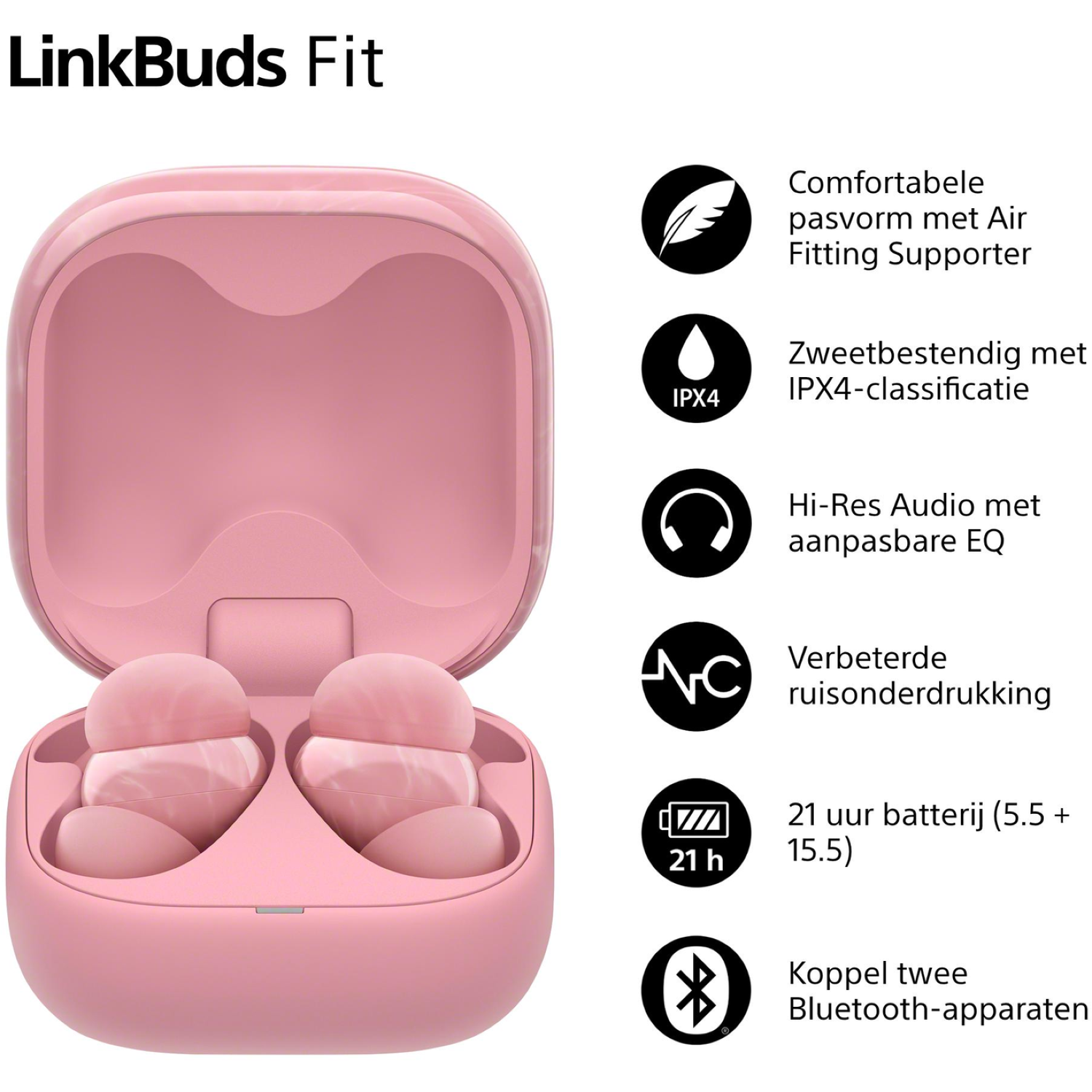 Pink LinkBuds Fit earbuds in an open case. Features: comfort, sweat resistance, Hi-Res audio, noise canceling, 21-hour battery, Bluetooth.