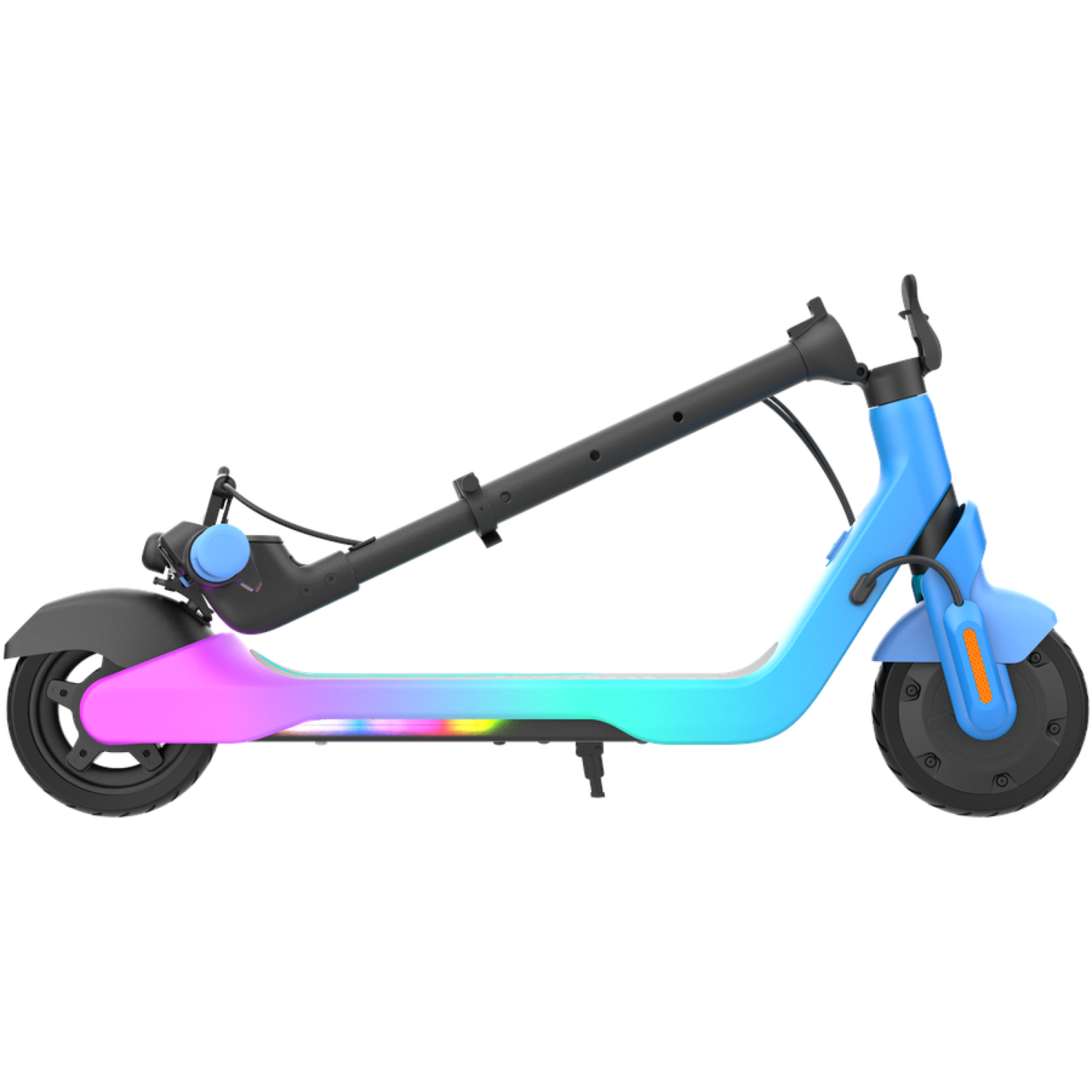 An electric scooter with a blue and gradient colored body. It has black wheels and a black handlebar, all set against a white background.