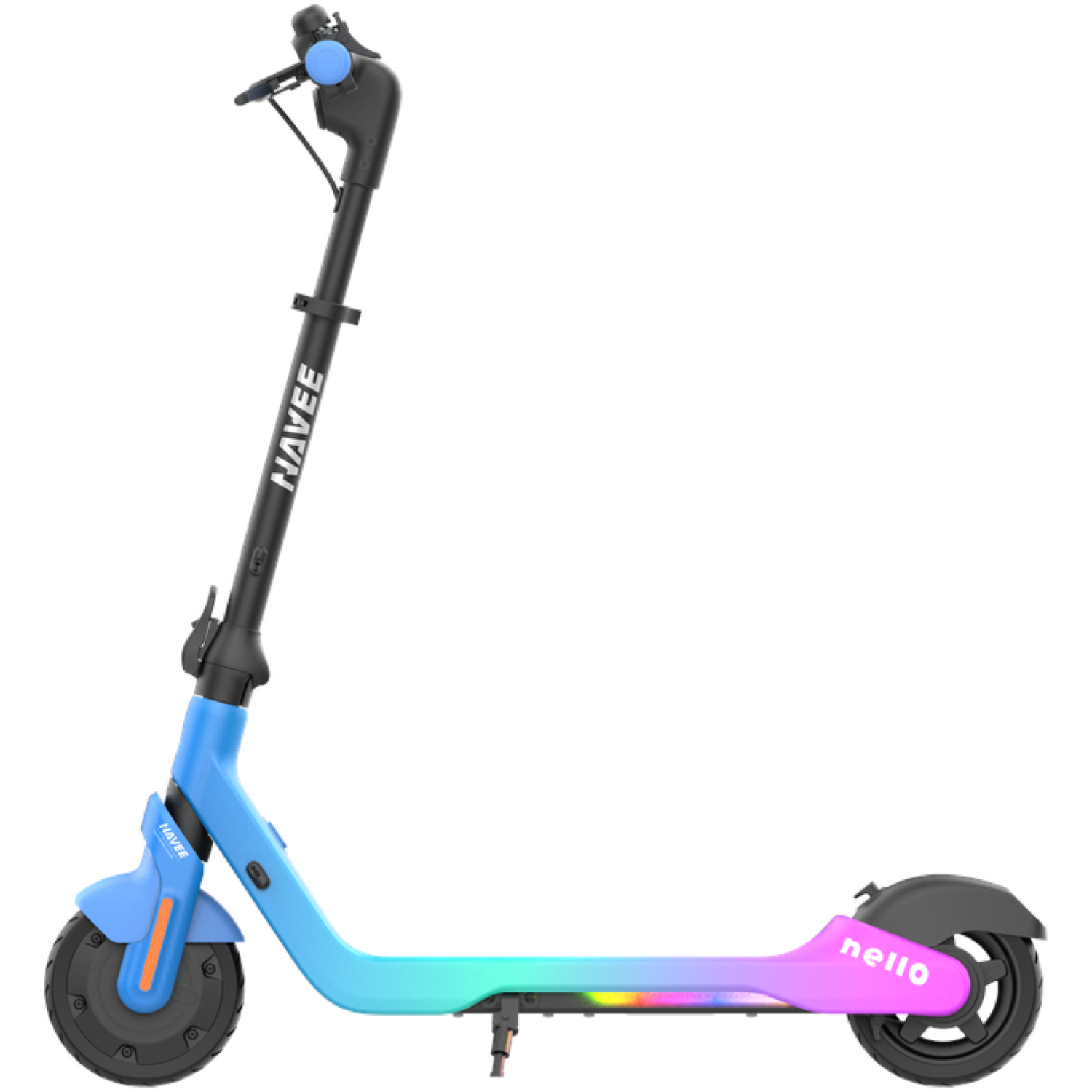An electric scooter with a gradient color scheme. The handlebar is black, the frame changes from blue to pink. The brand is "Navee".