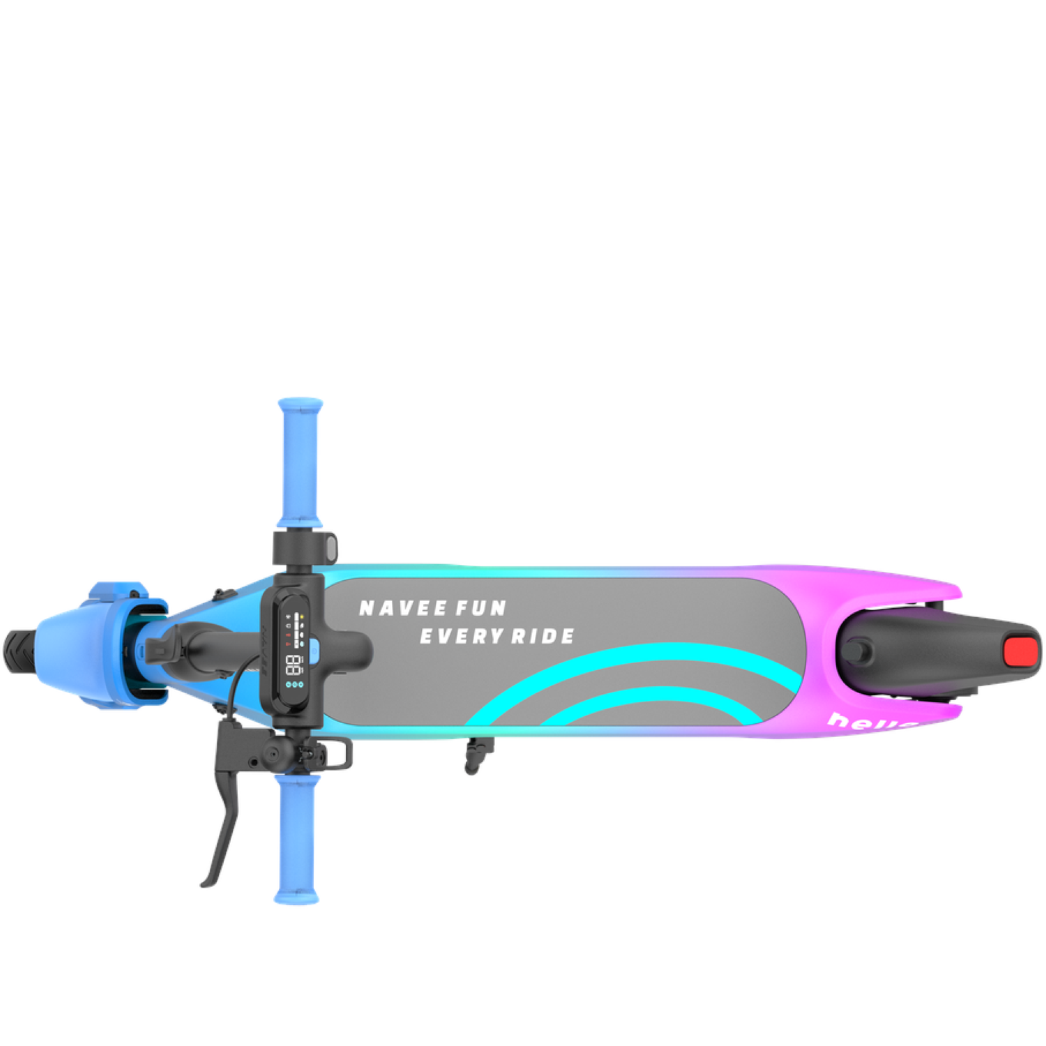 An electric scooter, top view, with blue and purple gradient colors. The scooter has a display and the text "NAVEE FUN EVERY RIDE".
