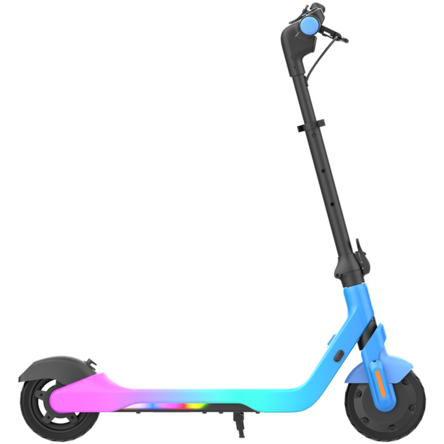 An electric scooter on a white background. It has black wheels and a gradient frame, transitioning from pink to blue.