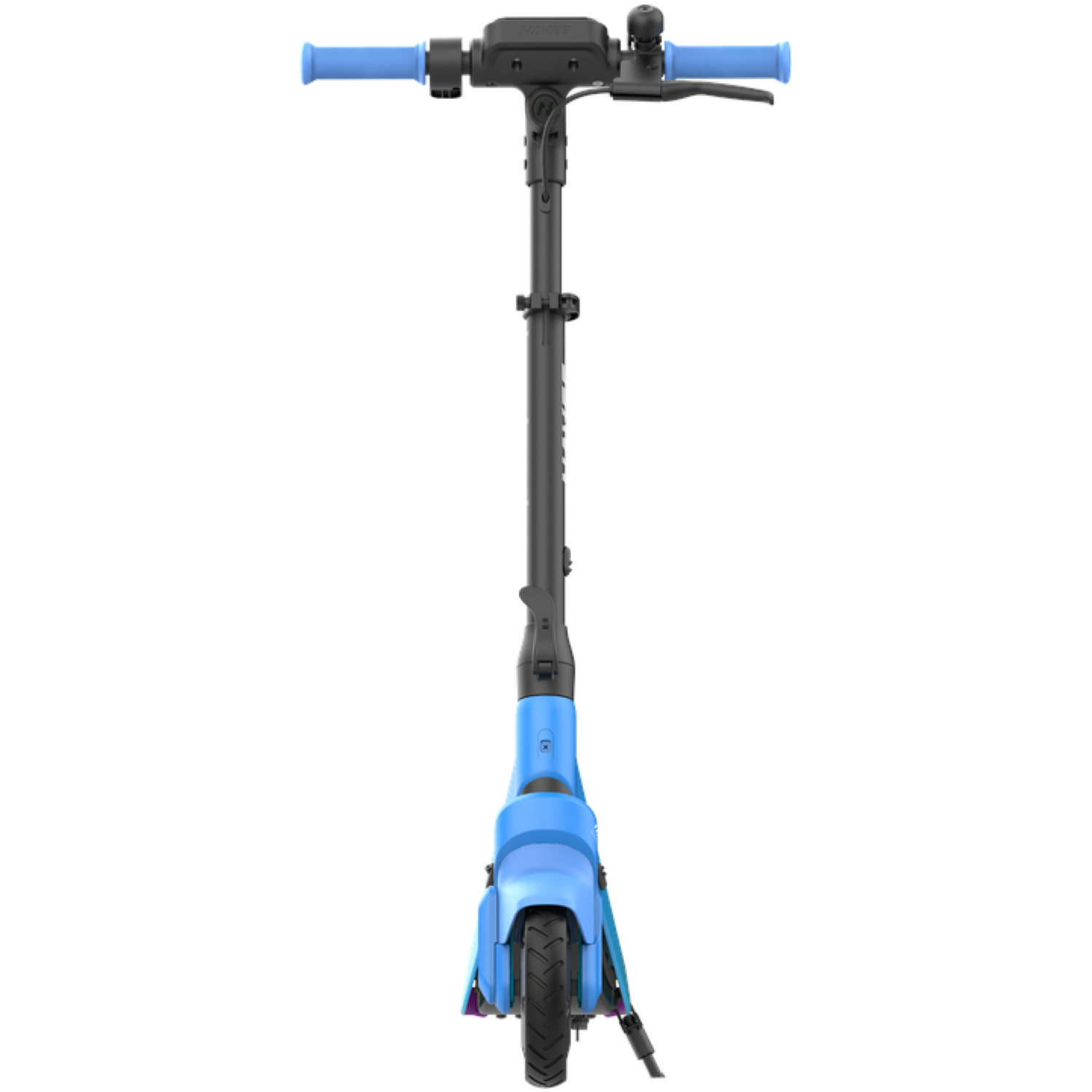 A blue and black electric scooter, seen from the front. It has blue handlebars, a black stem, and a blue body. The background is white.