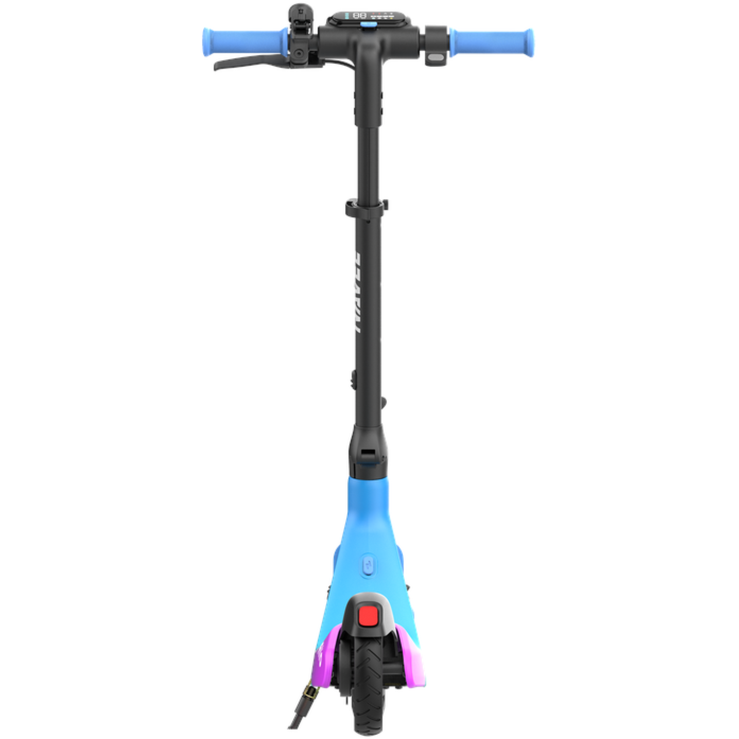 An electric scooter, with blue handlebars, a black stem and a gradient blue and purple body. The scooter is against a white background.