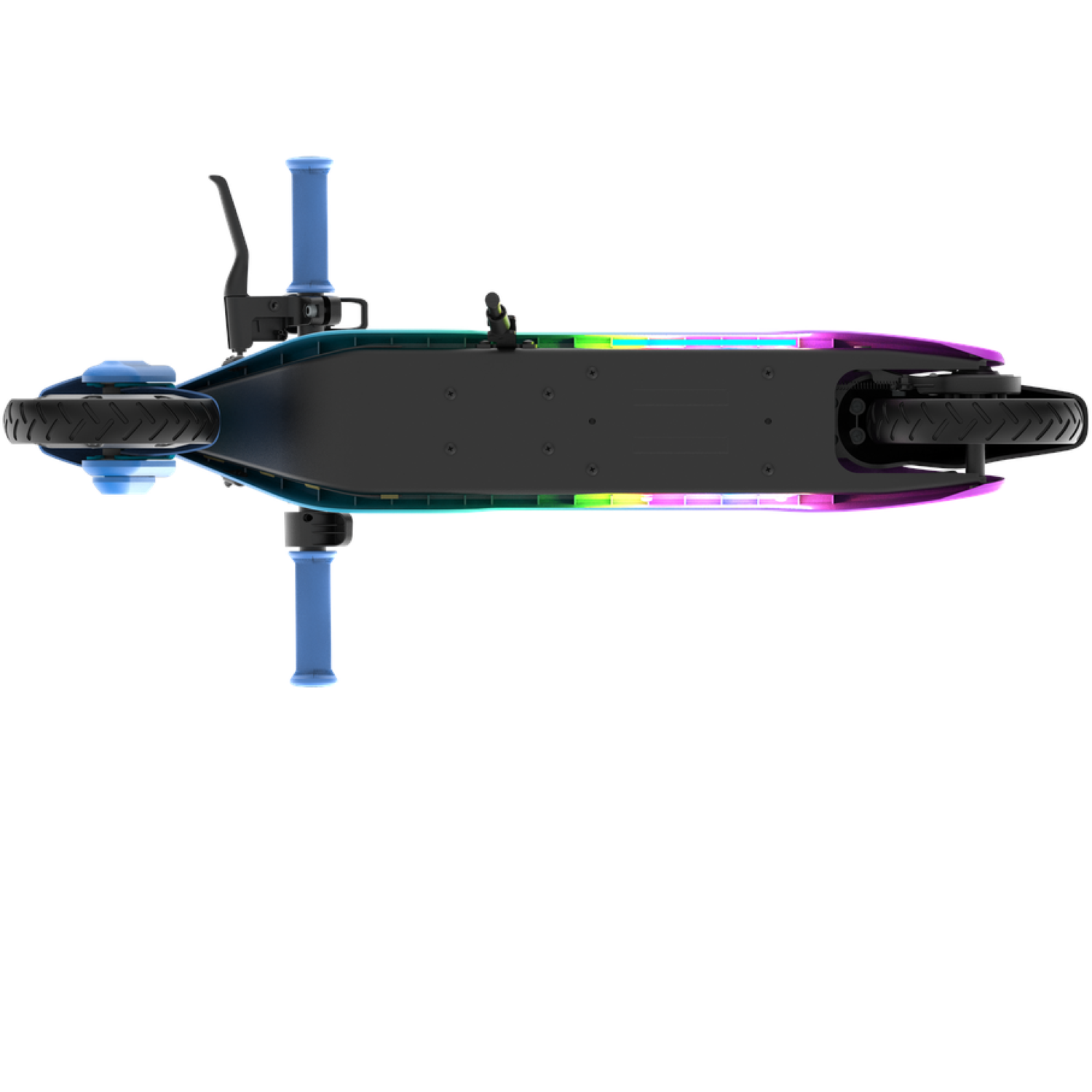 Top view of an electric scooter. It has blue handlebars, a black deck, and colorful LED lights along the sides.