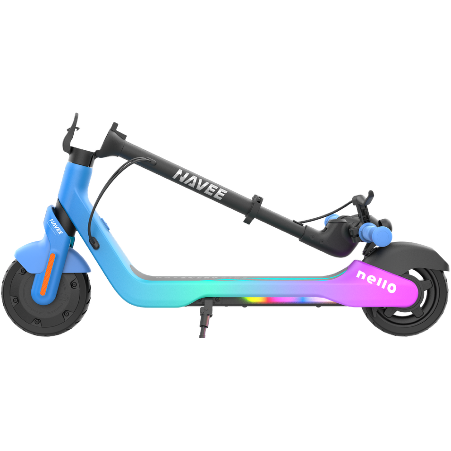 A blue and gradient scooter with black tires. The word 'NAVEE' is visible on the handlebar. The word 'hello' is on the rear.