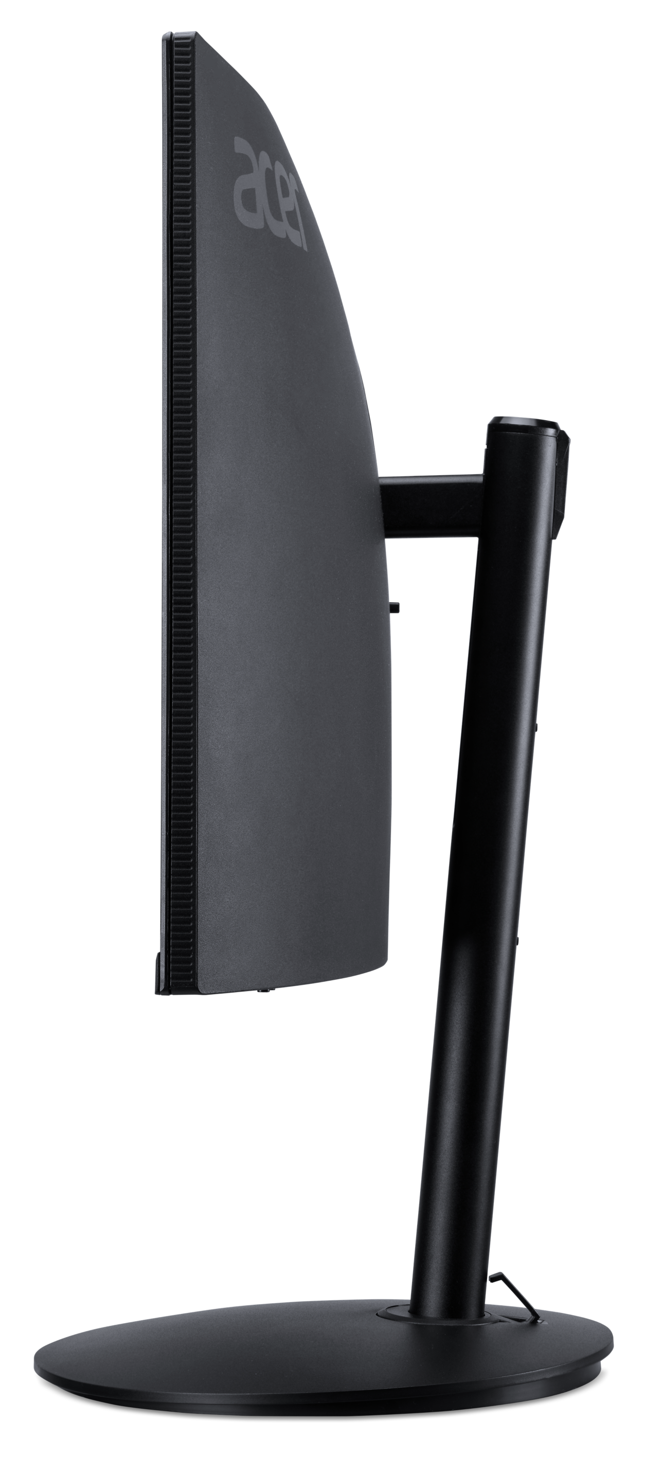 Widok z boku czarnego monitora Acer. Ekran jest zakrzywiony. Ma czarną podstawę. Tło jest czarne.