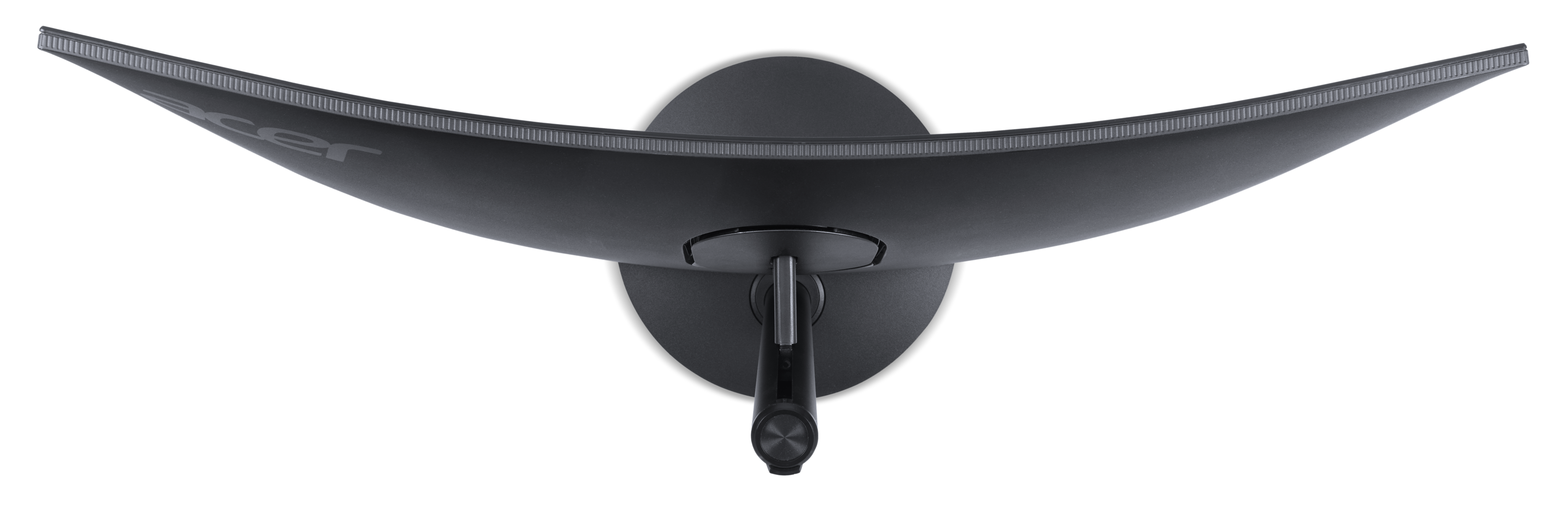 Czarny zakrzywiony monitor marki Acer, widziany od dołu. Ma podstawę i czarne tło.