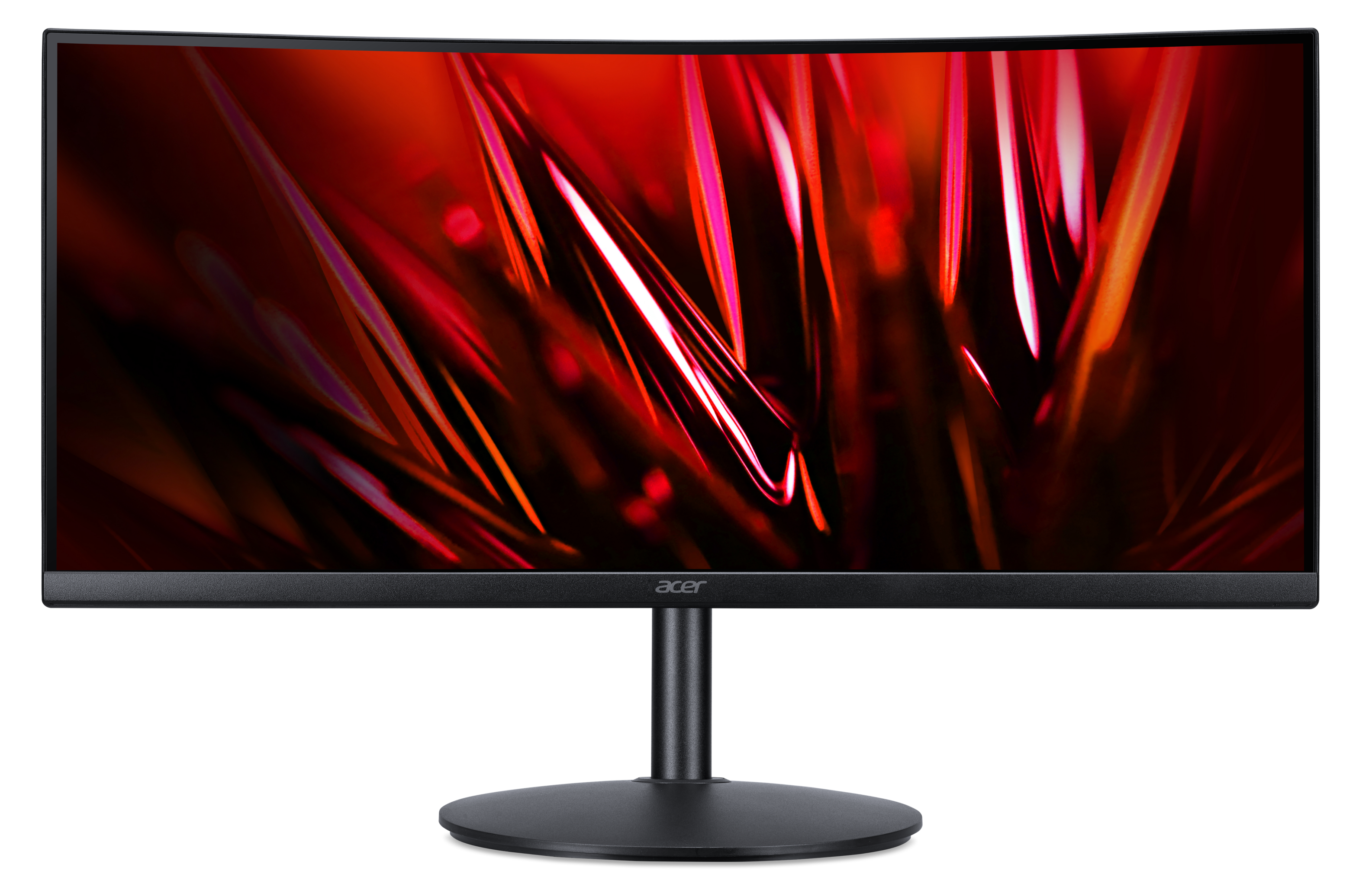 Zakrzywiony monitor Acer. Ekran wyświetla czerwoną i pomarańczową sztukę abstrakcyjną. Czarna podstawa i podstawa. Czarne tło.