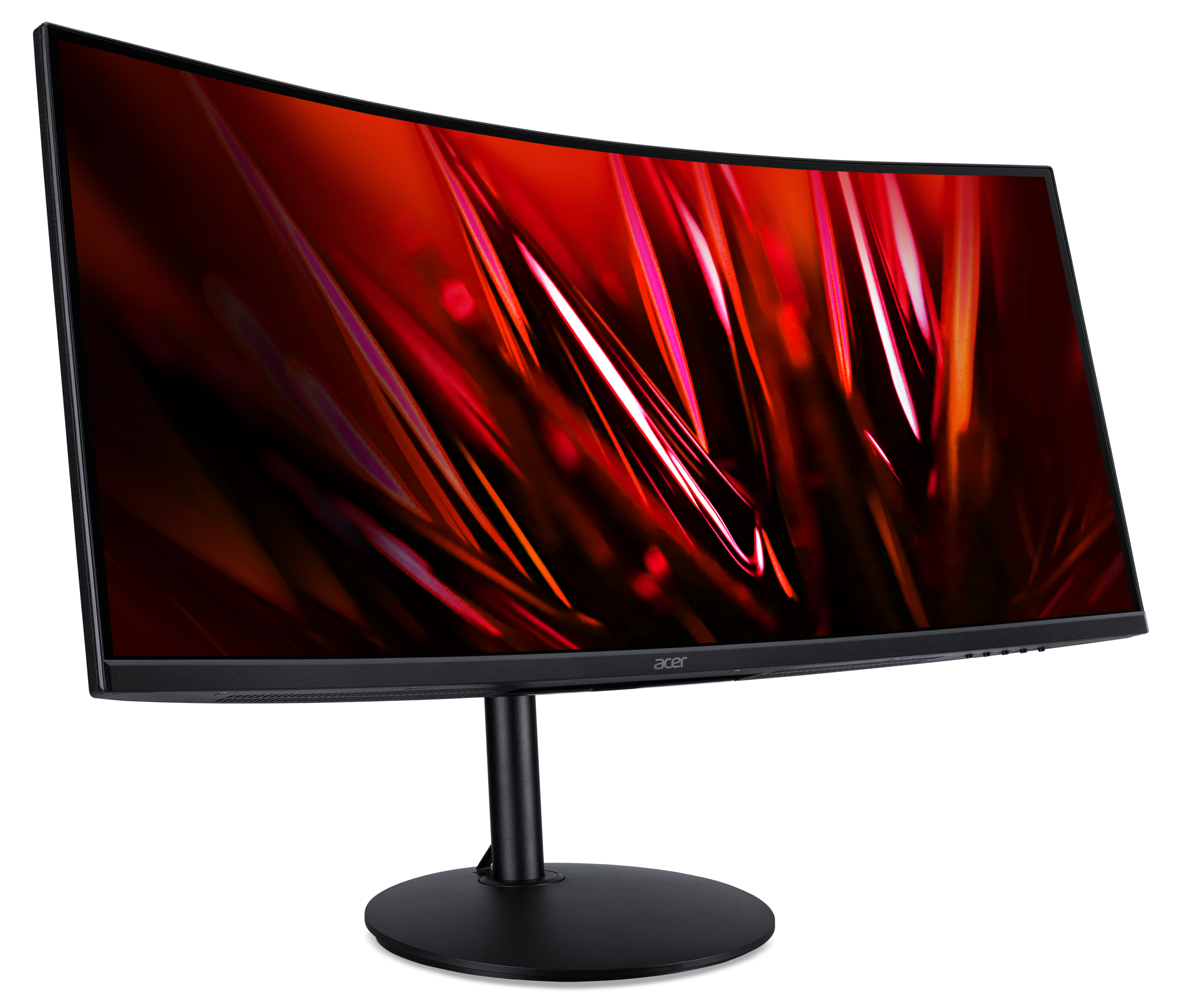 Zakrzywiony monitor Acer z czerwono-czarnym wyświetlaczem. Ma czarną podstawę na czarnym tle.