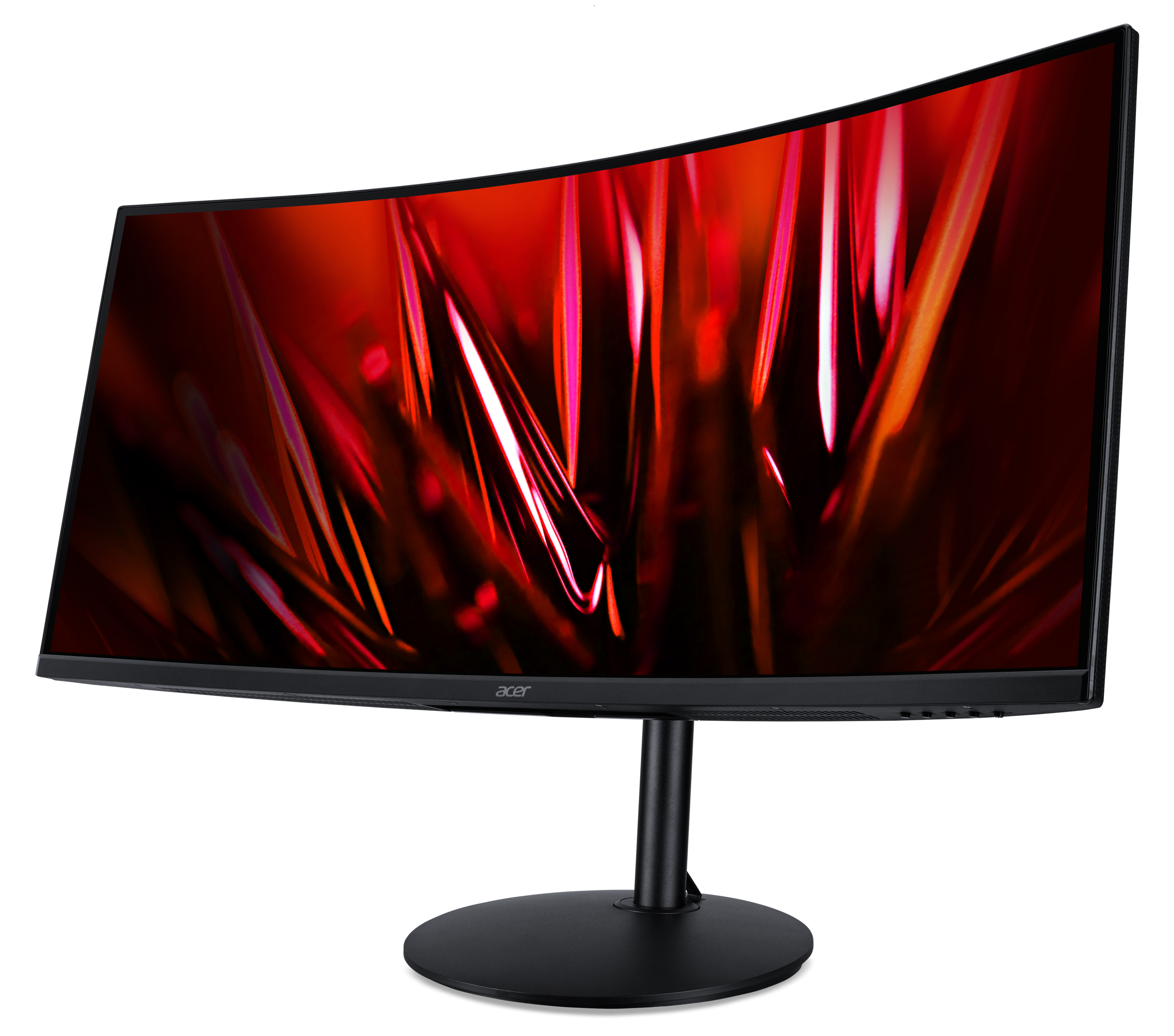 Zakrzywiony monitor Acer z czerwono-czarnym wyświetlaczem. Czarny stojak i podstawa na czarnym tle.