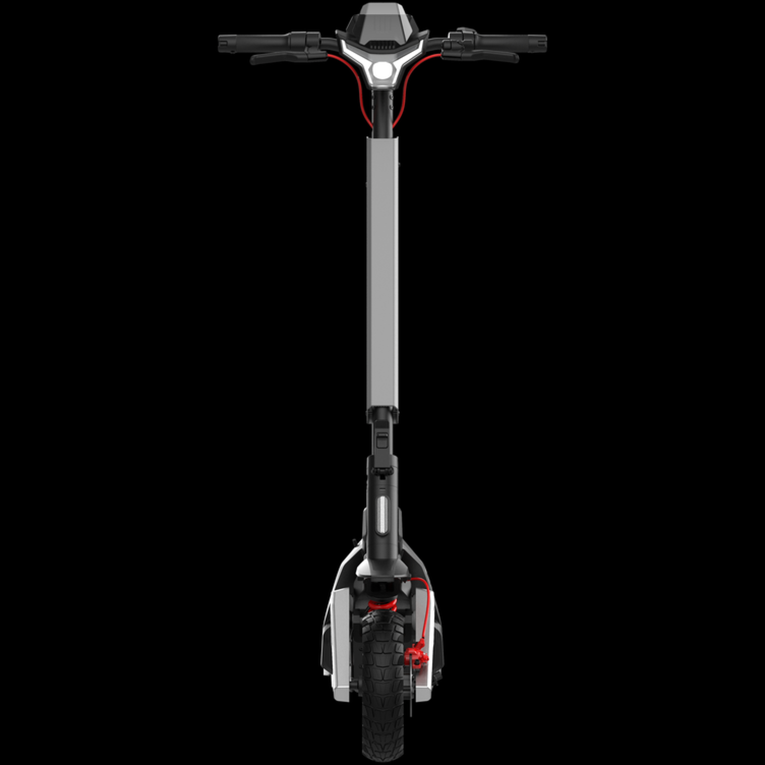 Een elektrische scooter is gecentreerd tegen een zwarte achtergrond. Het heeft een grijze steel, zwarte stuur en rode kabels.