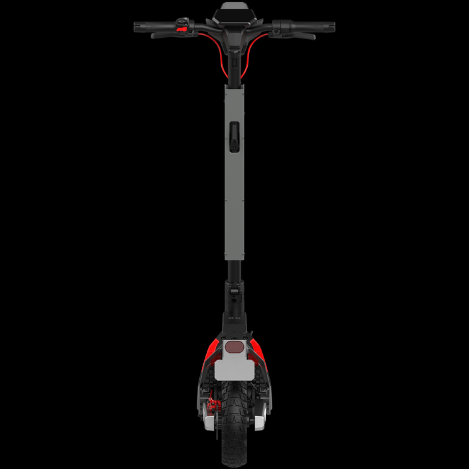 Een elektrische scooter op een zwarte achtergrond. Hij heeft een grijs frame, zwart stuur en rode accenten. De wielen zijn zwart.