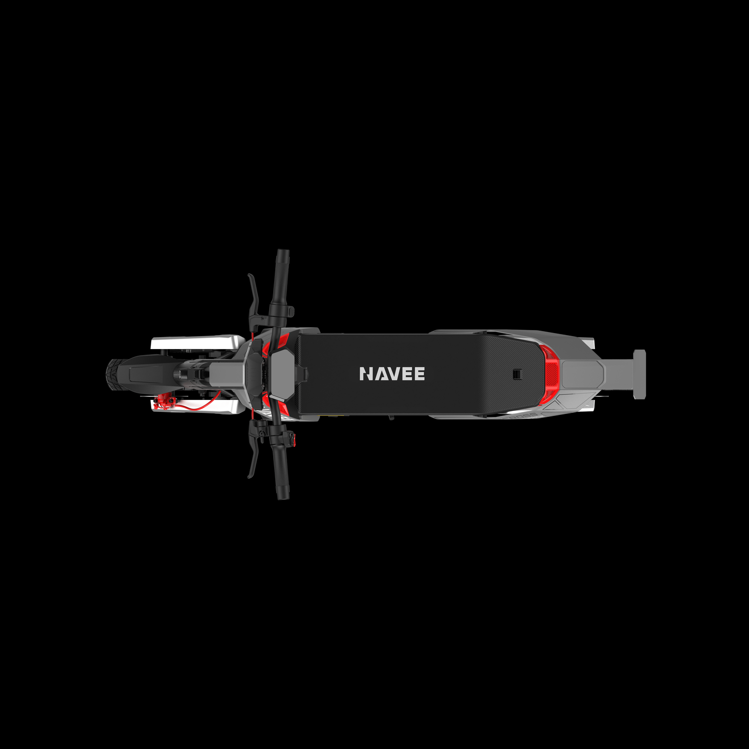 Bovenaanzicht van een NAVEE elektrische scooter. Zwart, grijs en rood zijn zichtbaar. De scooter staat tegen een zwarte achtergrond.