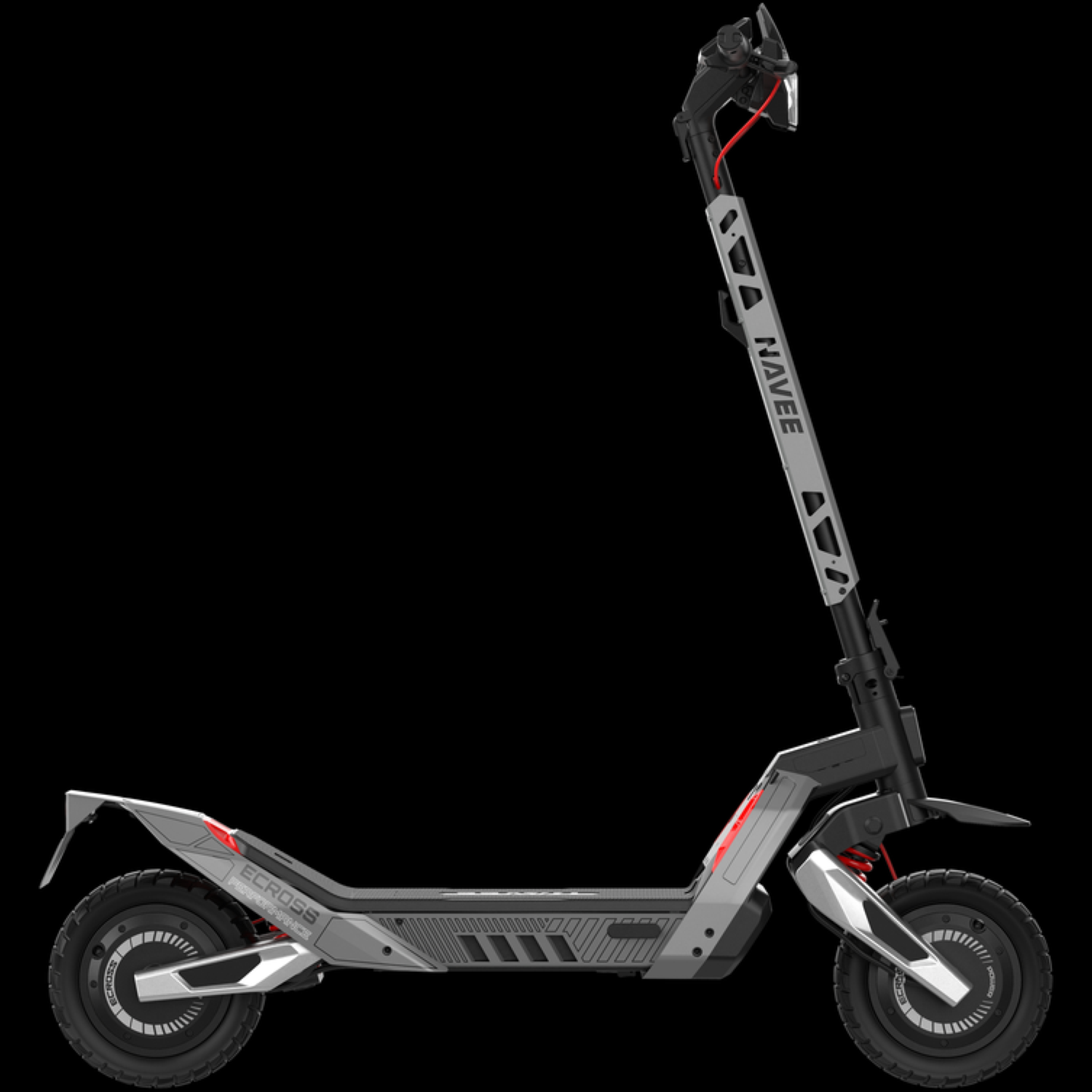 Een grijze en zwarte Navee Ecoss elektrische scooter. Hij heeft grote wielen, een opvouwbaar ontwerp en rode accenten op zwarte achtergrond.