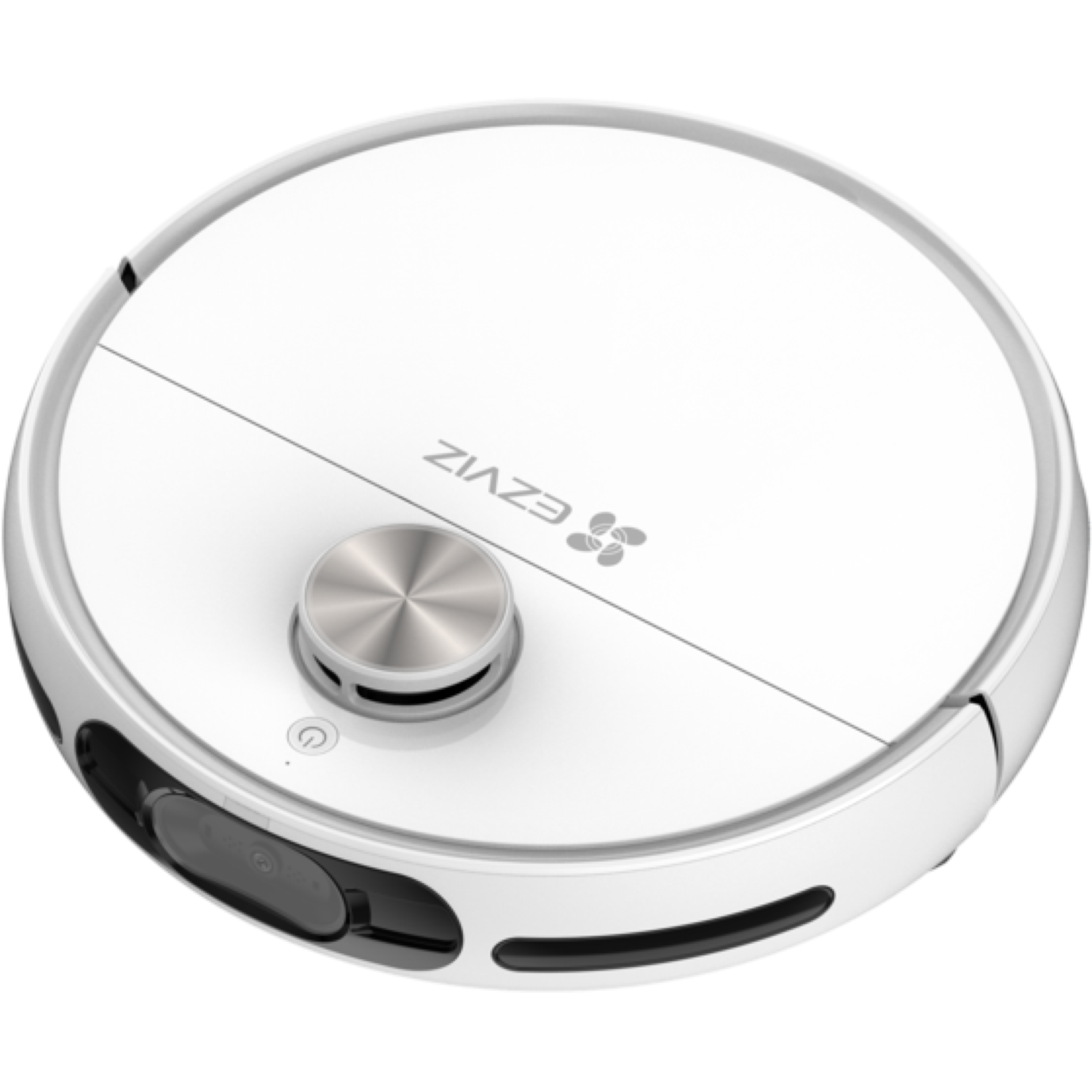 Un aspirateur robot blanc avec un bouton argenté, un bouton d'alimentation et le logo EZVIZ. Le design est rond avec des accents noirs.