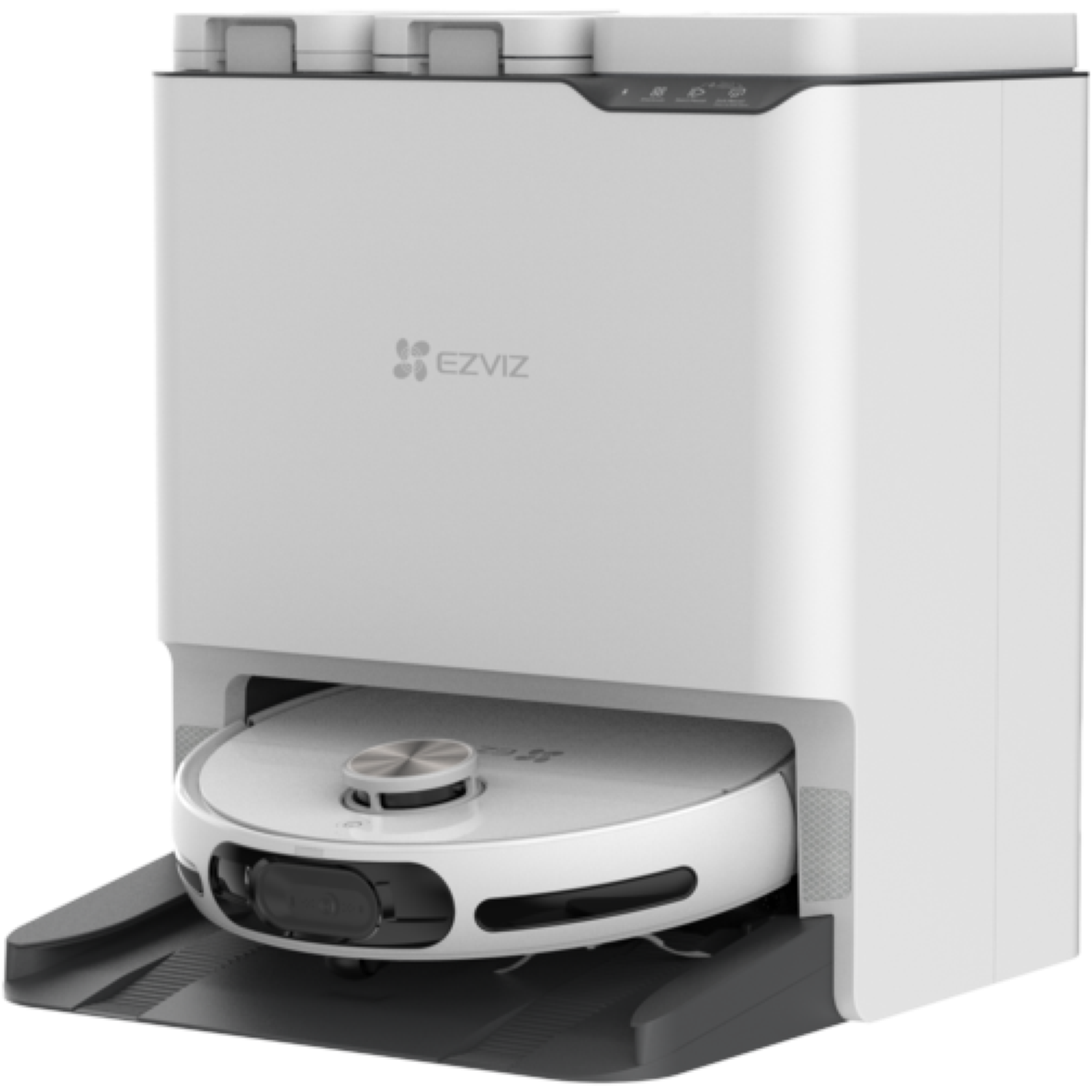 Un aspirateur robot EZVIZ blanc et sa station de charge. L'aspirateur est rond, la station rectangulaire.