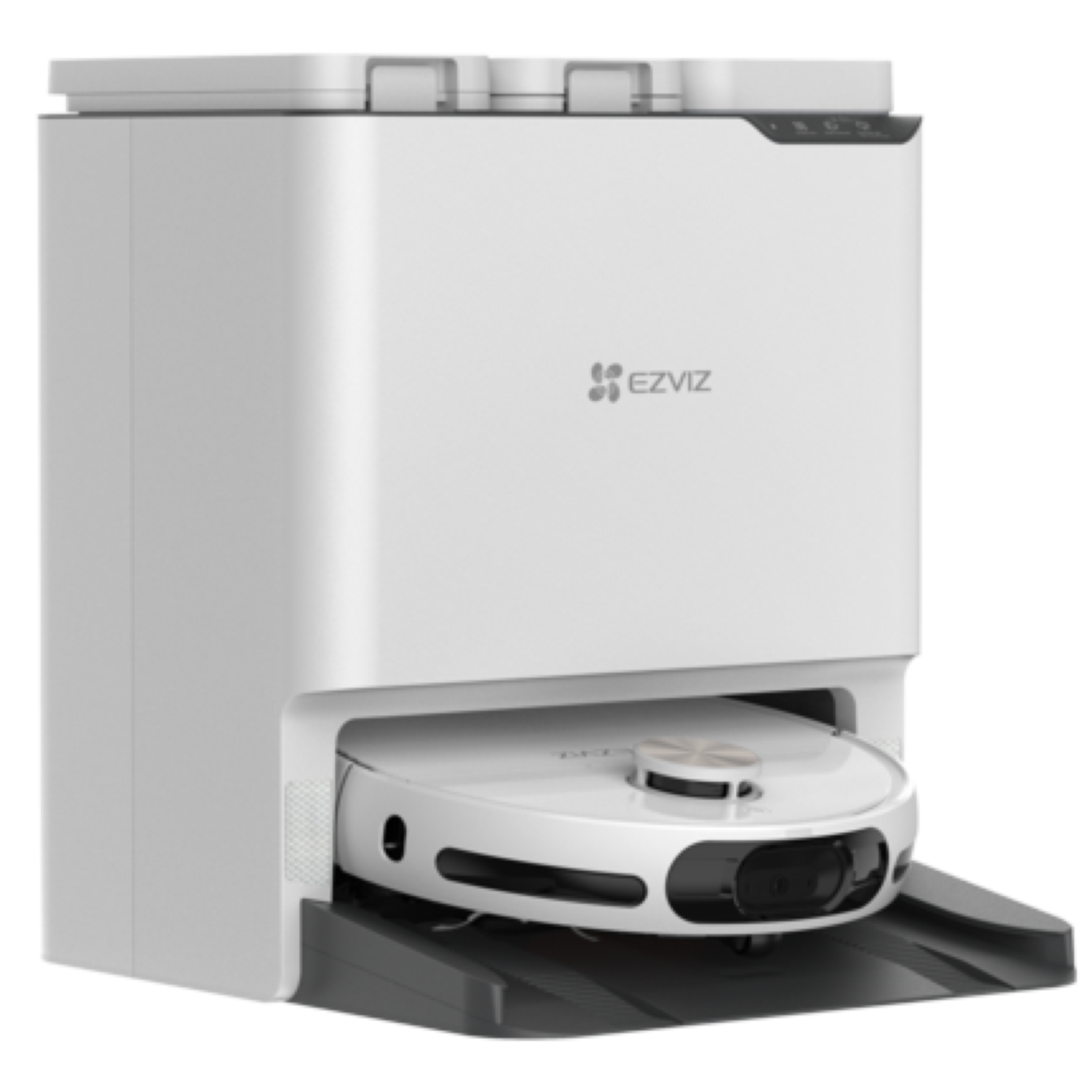 Aspirateur robot blanc dans une station de charge. La station est également blanche, avec le logo EZVIZ.