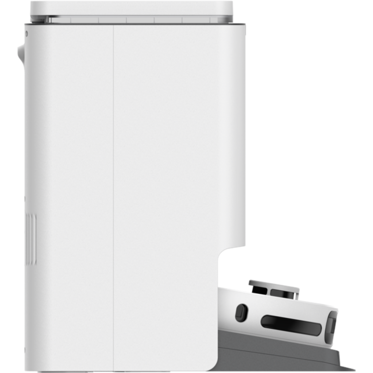 Un aspirateur robotique blanc et rectangulaire avec une tête de nettoyage saillante. L'aspirateur a un corps blanc et une base grise.
