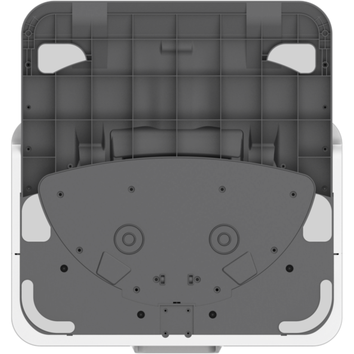 Vue de dessus du dessous d'un aspirateur robot, avec un design en plastique gris et divers compartiments et ouvertures.