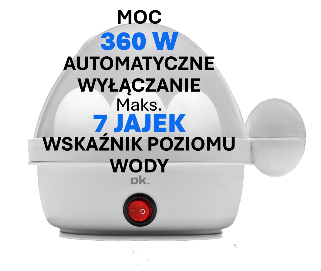 Białe urządzenie do gotowania jajek z przezroczystą pokrywą, mieszczące 3 jajka. Zawiera tekst wskazujący 360W, automatyczne wyłączanie i wskaźnik poziomu wody.