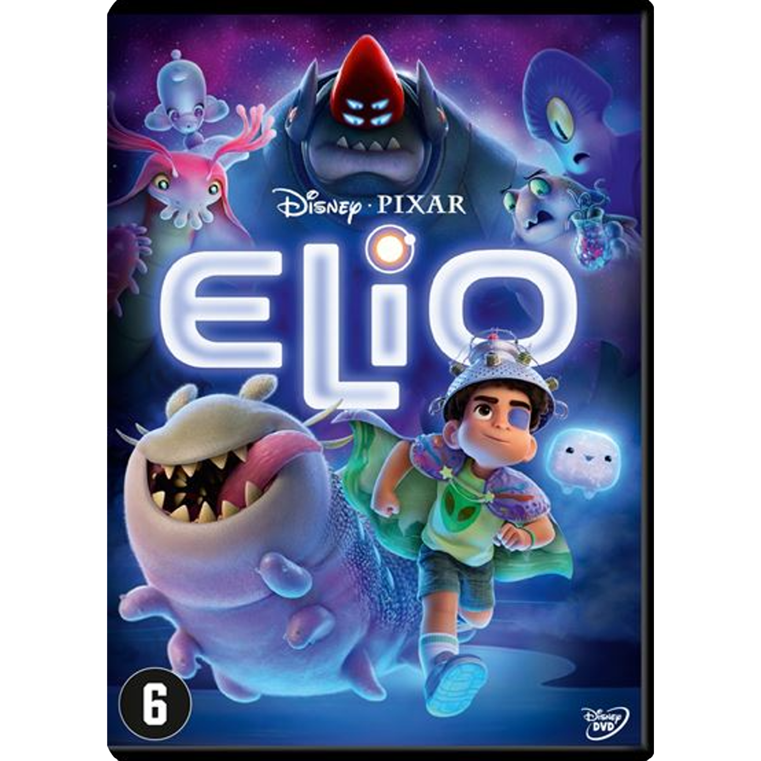 Couverture du film 'Elio'. Un garçon avec des amis extraterrestres. Personnages et titre aux couleurs vives sur fond sombre et étoilé.