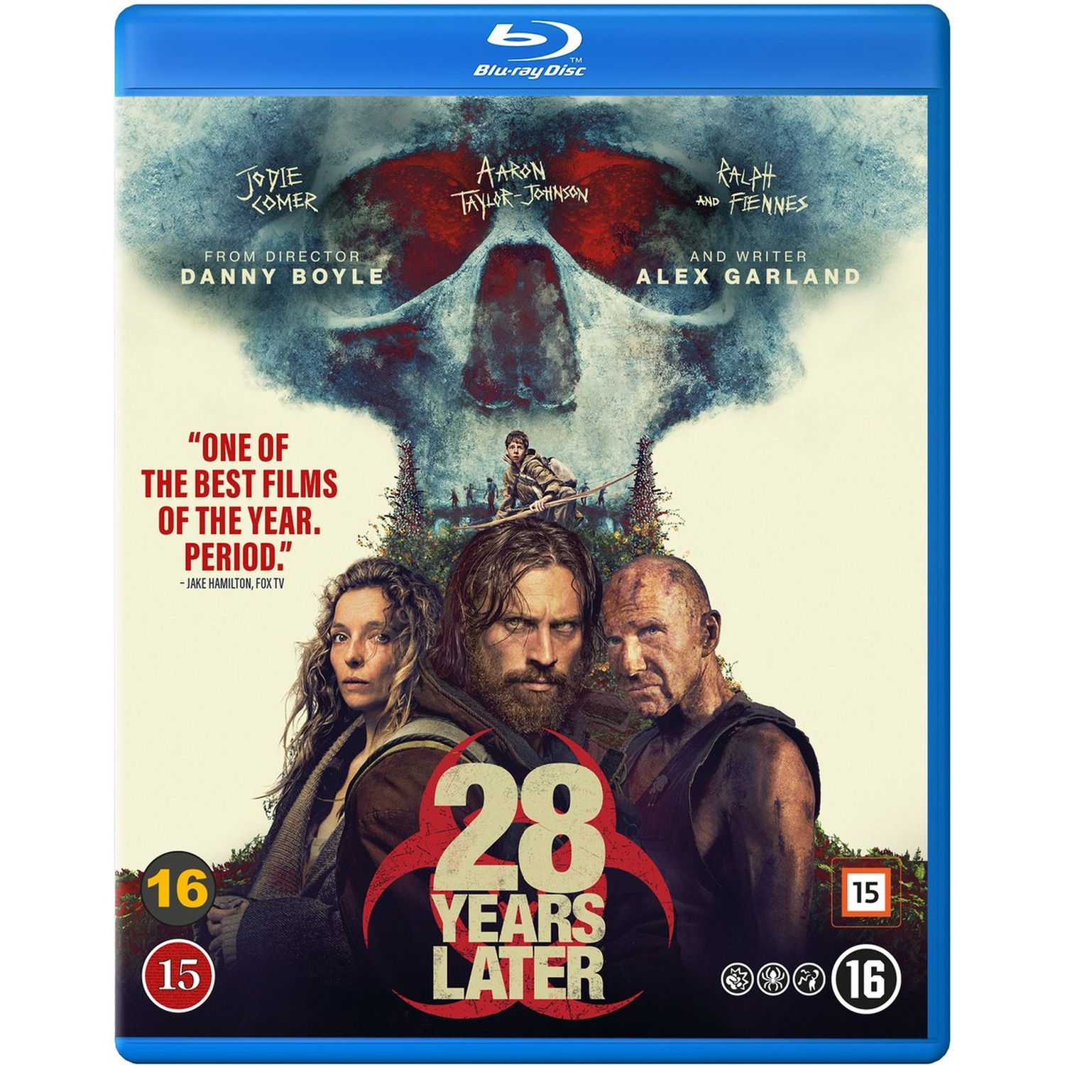 Couverture Blu-ray pour "28 Years Later". Présente trois personnes devant un crâne avec du texte. La couverture est bleue et comporte des classifications d'âge.