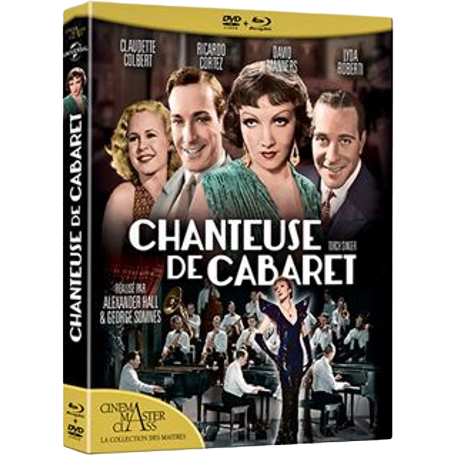 DVD-hoes: 'Chanteuse de Cabaret' met acteurs Claudette Colbert en Ricardo Cortez. Een vrouw in een jurk zingt voor een band.