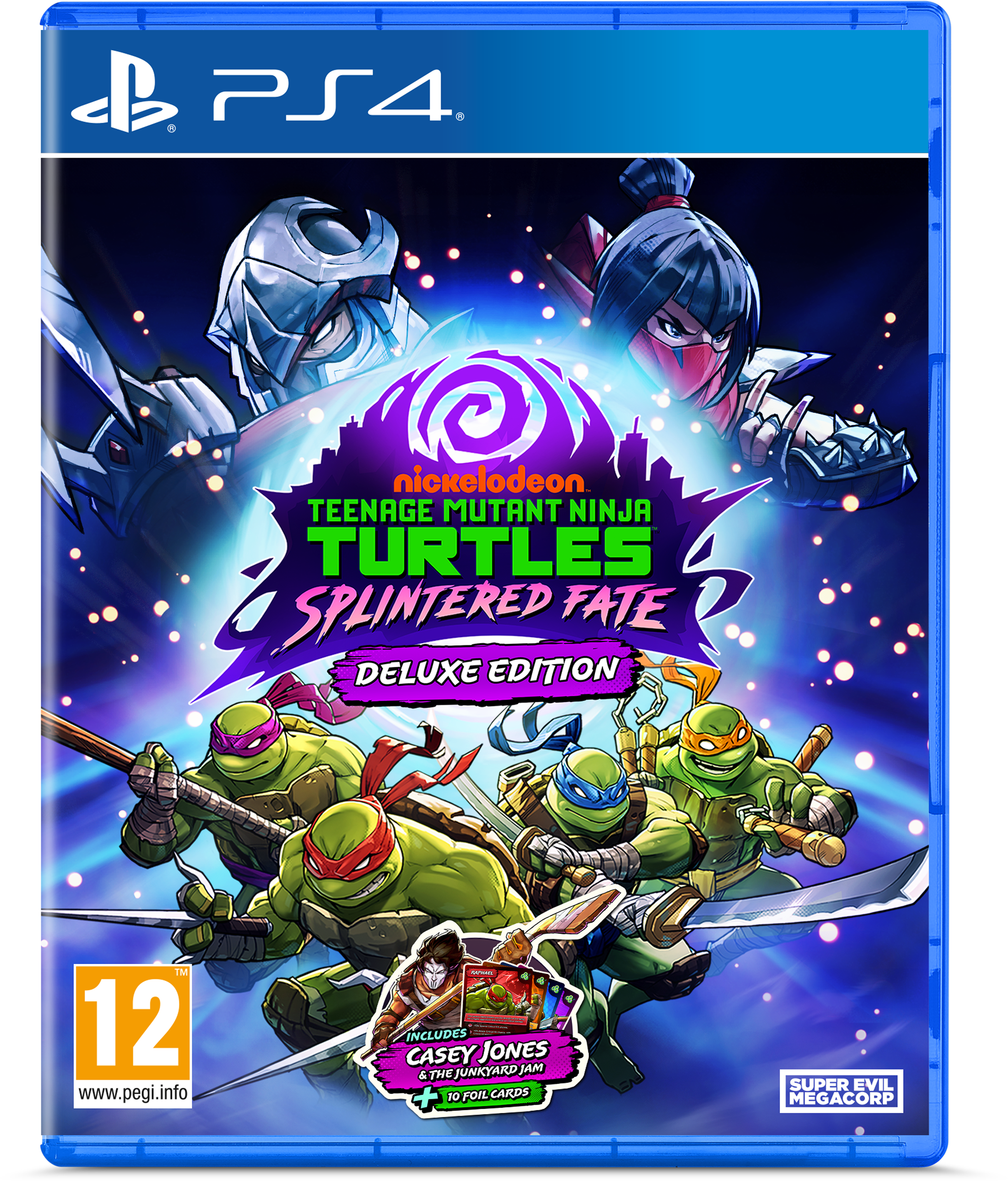 Teenage Mutant Ninja Turtles PS4 játék borítója. Teknősöket, nindzsákat és a játék címét ábrázolja. Casey Jonest és kártyákat tartalmaz.