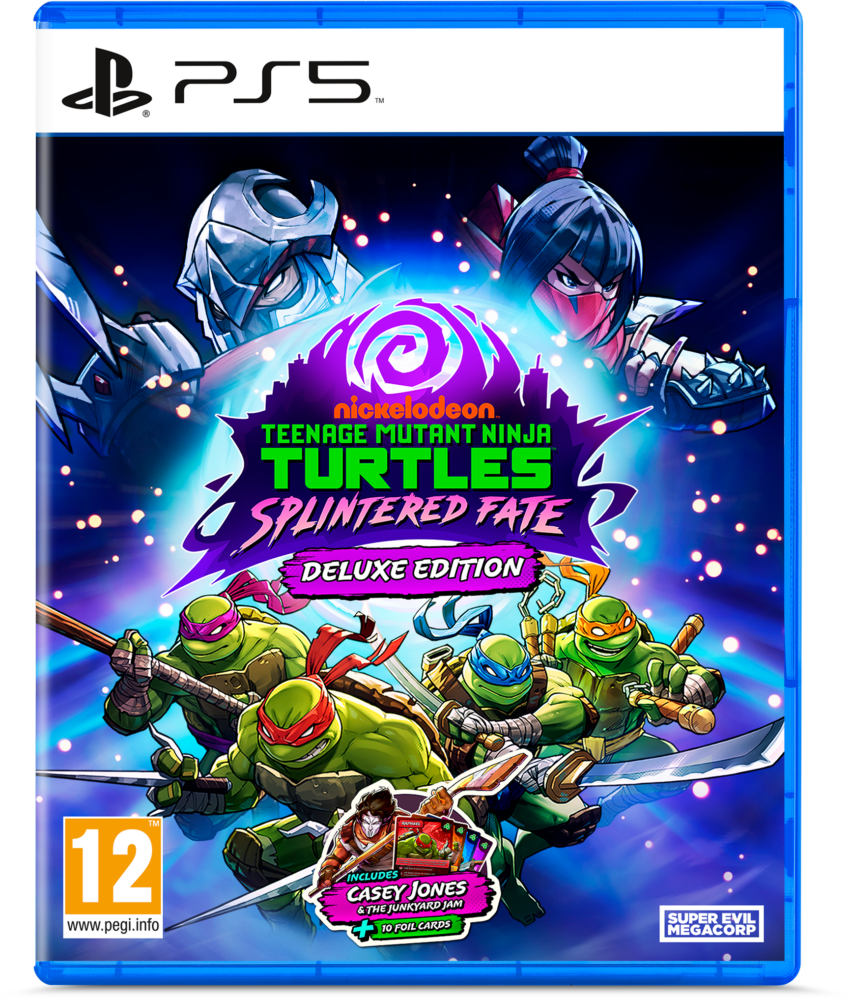 PS5 játék borító. Teenage Mutant Ninja Turtles: Splintered Fate. Tartalmazza a teknősöket, Shreddert és Casey Jonest. Deluxe Edition.