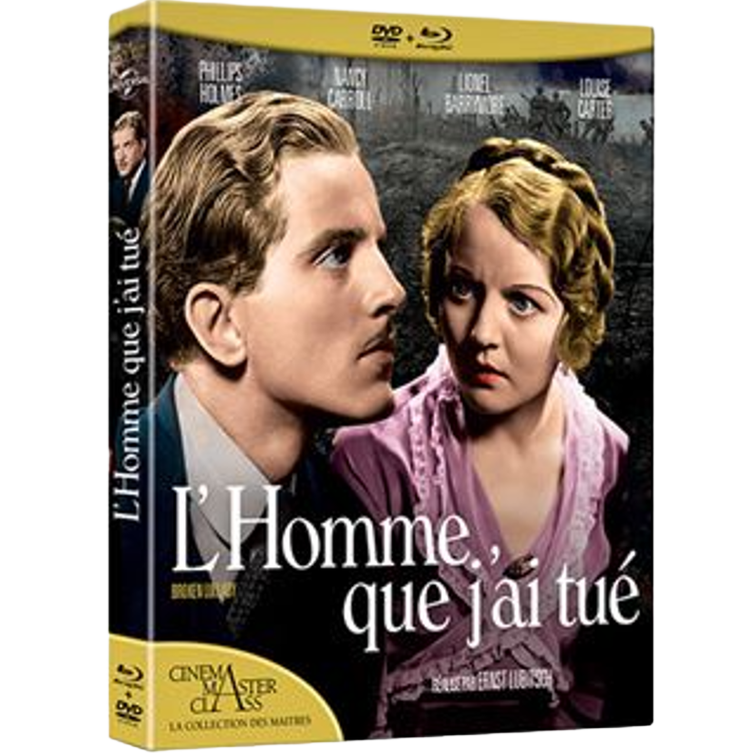 DVD-hoes van de film 'L'Homme que j'ai tué'. Toont twee acteurs, een man en een vrouw, met de filmtitel. De achtergrond is een oorlogsscène.