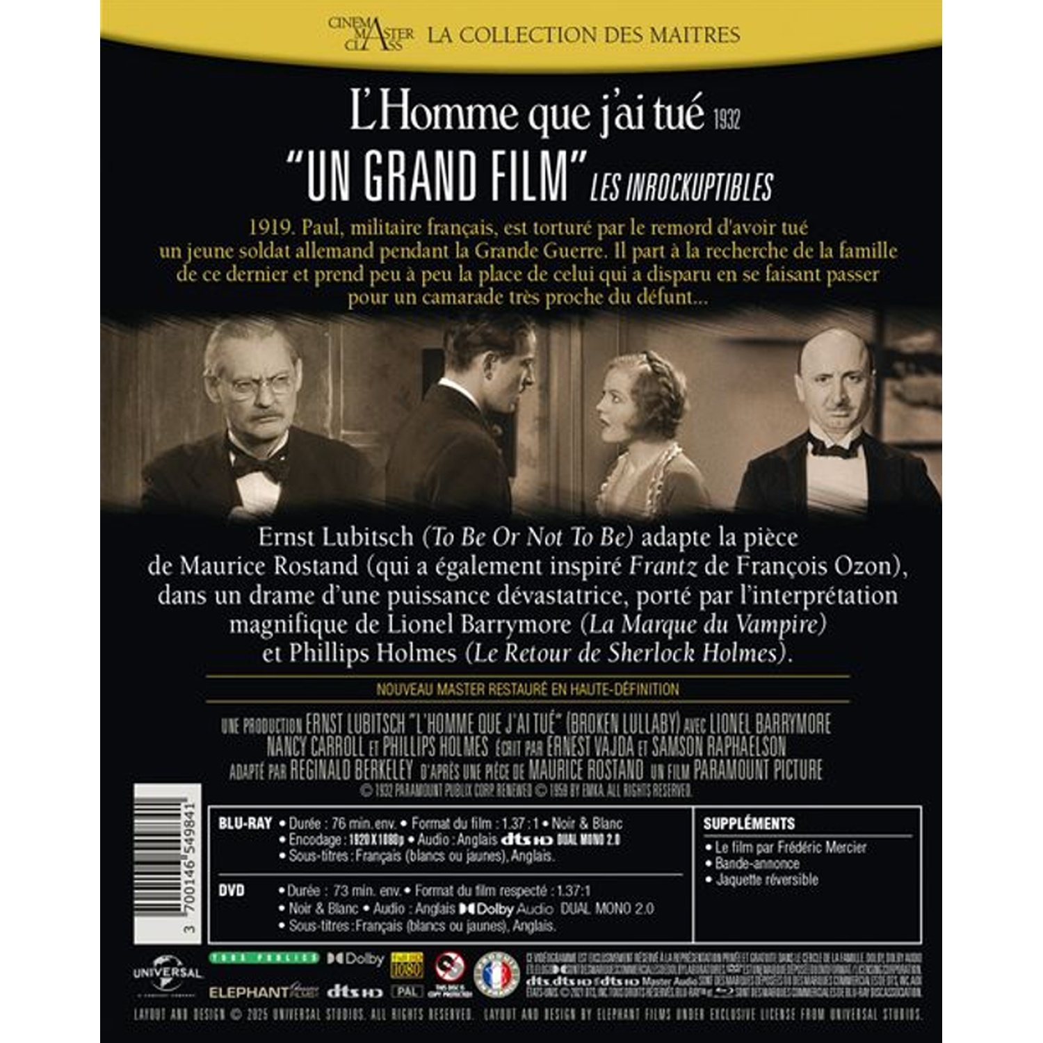 Filmposter 'L'Homme que j'ai tué'. Toont acteurs en tekst over de plot, het formaat en extra's van de film.