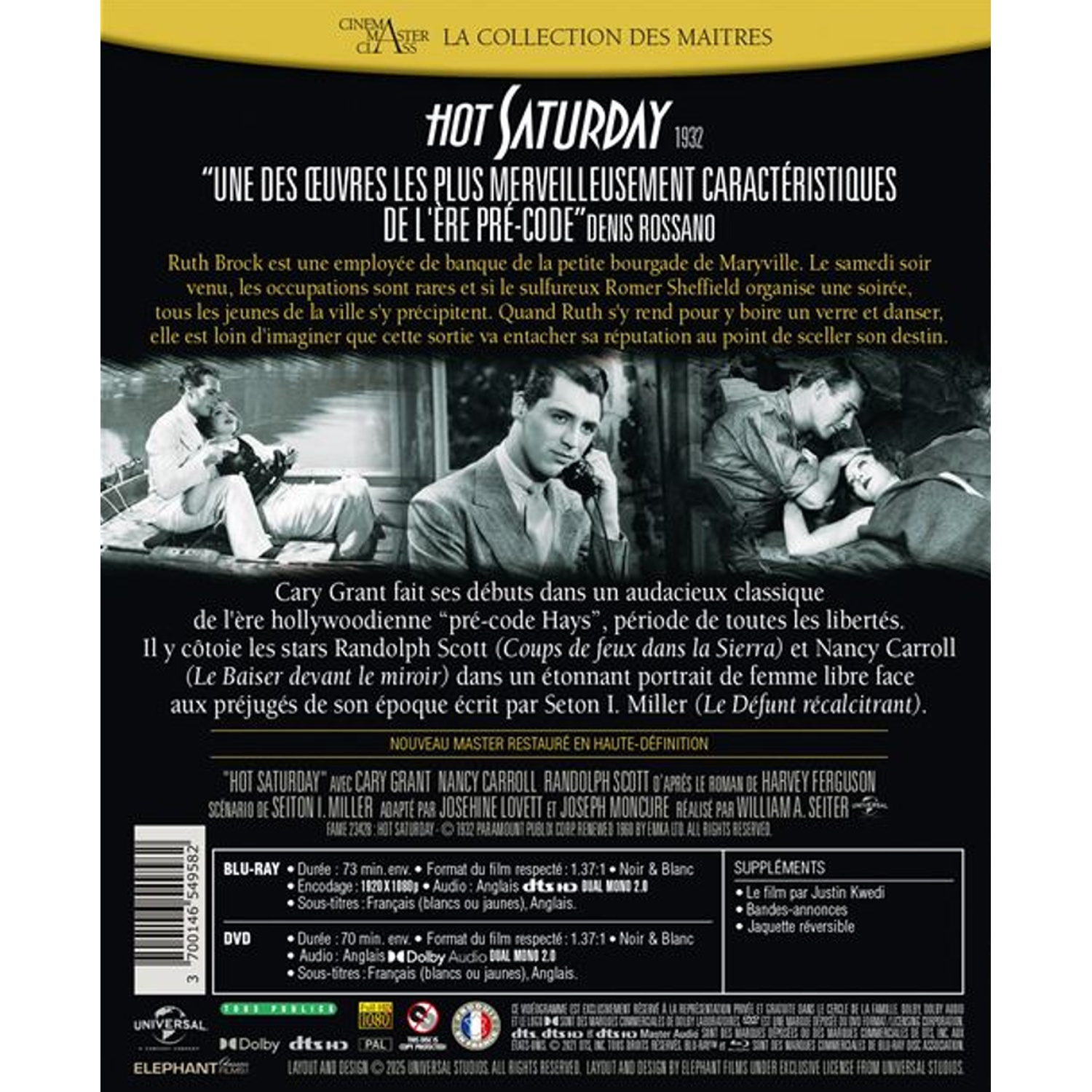 Couverture de film avec Cary Grant. Texte : Hot Saturday. Image en noir et blanc de personnes. Des informations sur le film sont fournies.