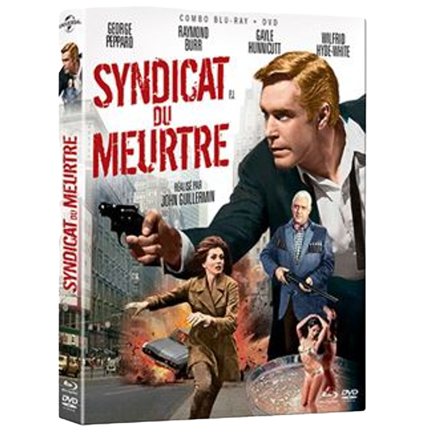 DVD-hoes met acteurs, titel 'Syndicat du Meurtre' en een man met een pistool. Achtergrond toont een stadsbeeld met auto-explosie.